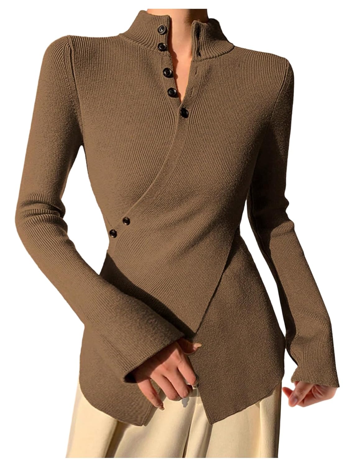 SweatyRocks Womens Mock Neck Criss Cross Wrap Sweaters Long Sleeve Fitted Knit Pullover Fall Tops