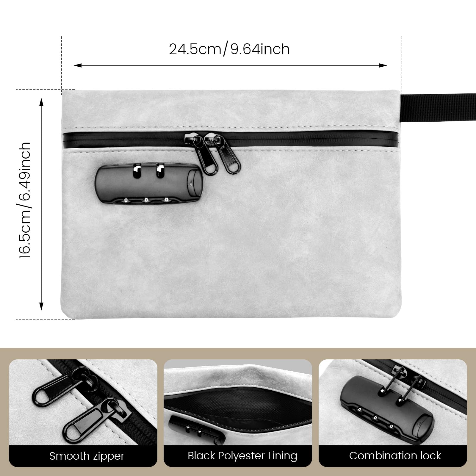 Small Password Storage Bag,Waterproof & Cut-Resistant PU Money Pocket with Waterproof Lockable Cash Bag with Zipper & Handle for Cash,Keys,Jewelry - Image 2