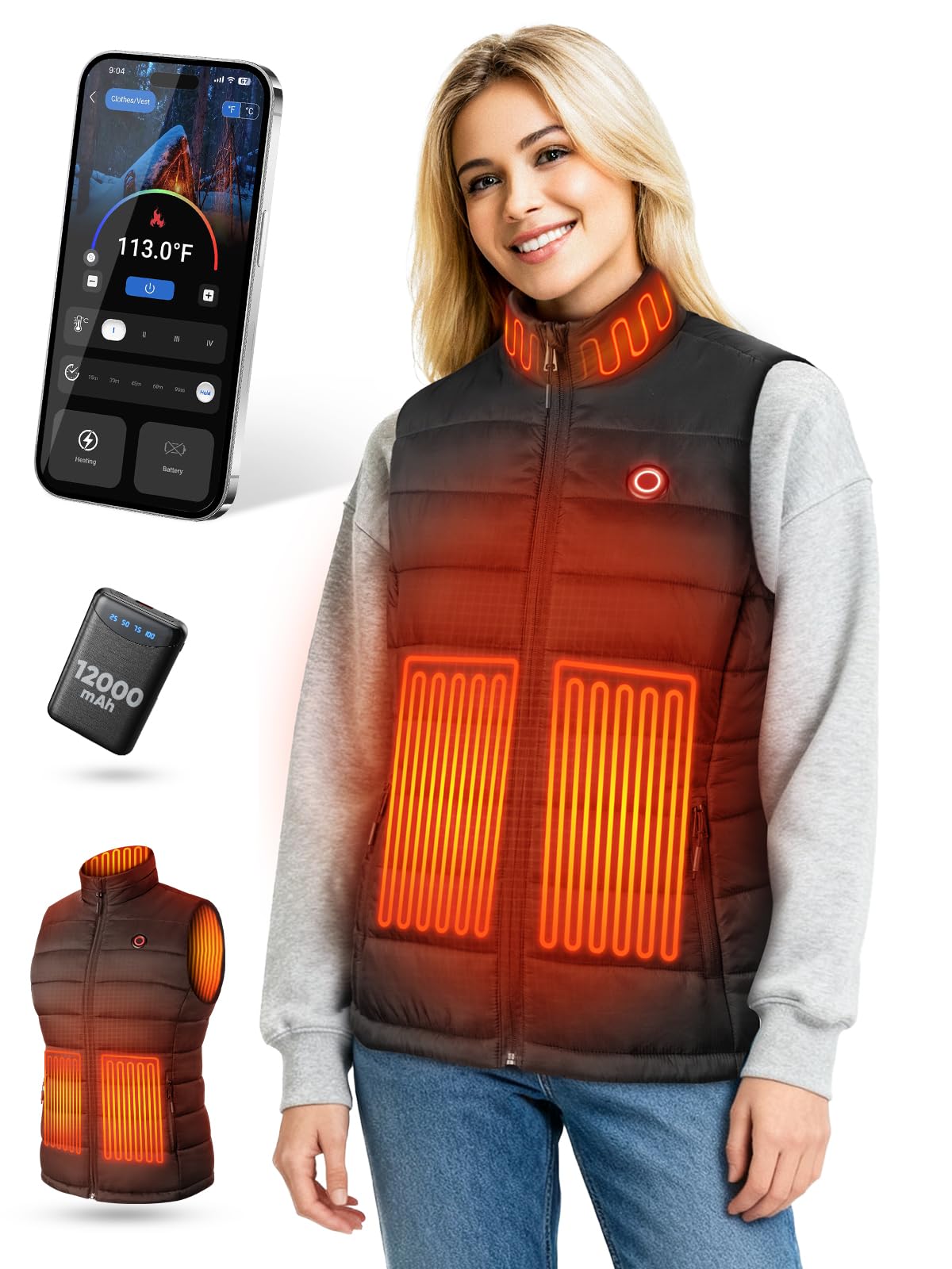 VIWKO Gilet Riscaldante Donna con Batteria 12V 12000mAh, 4 Livelli di Calore e Controllo App, Gilet Termico Leggero per Invierno Lavoro da Casa, Passeggiate, Escursionismo e Tempo Libero