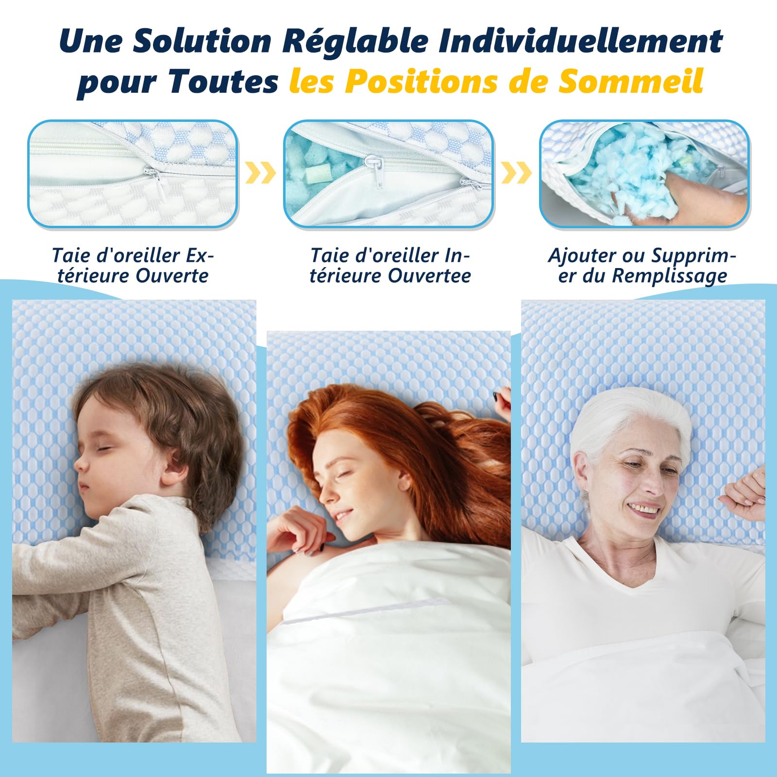 Oreiller Memoire Forme 40x80 cm Ergonomique Cervical Réglable Meilleur Pillow Plat Coussin à Amovible Taie Oreiller et Fermeture éclair