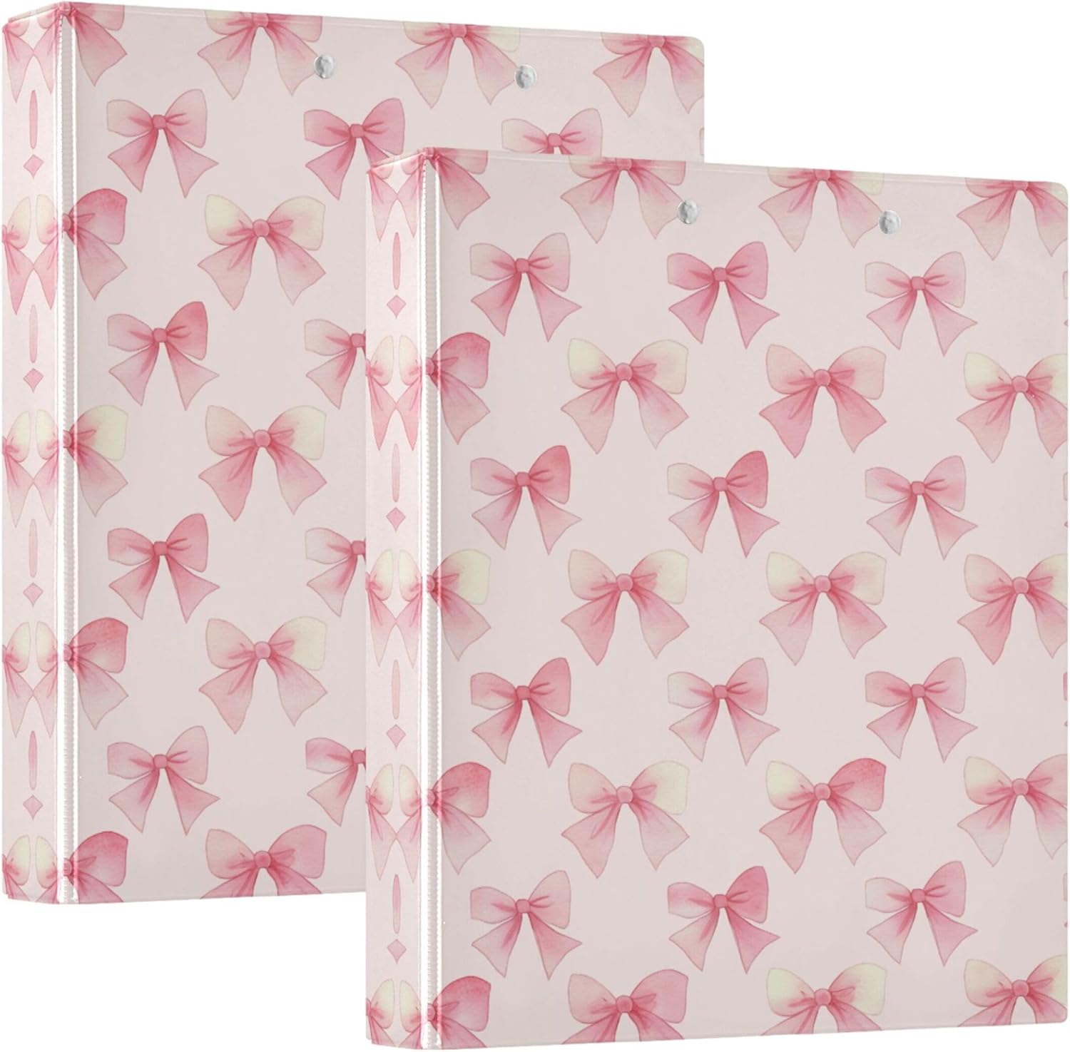 Pink Bow 3 Ring Binders, 1.5” Round Ring Binders with Clipboard - Letter Size, 3 Interior PVC Clear Pockets & Anti-Slip Clip for Office School Supplies, 2PCS