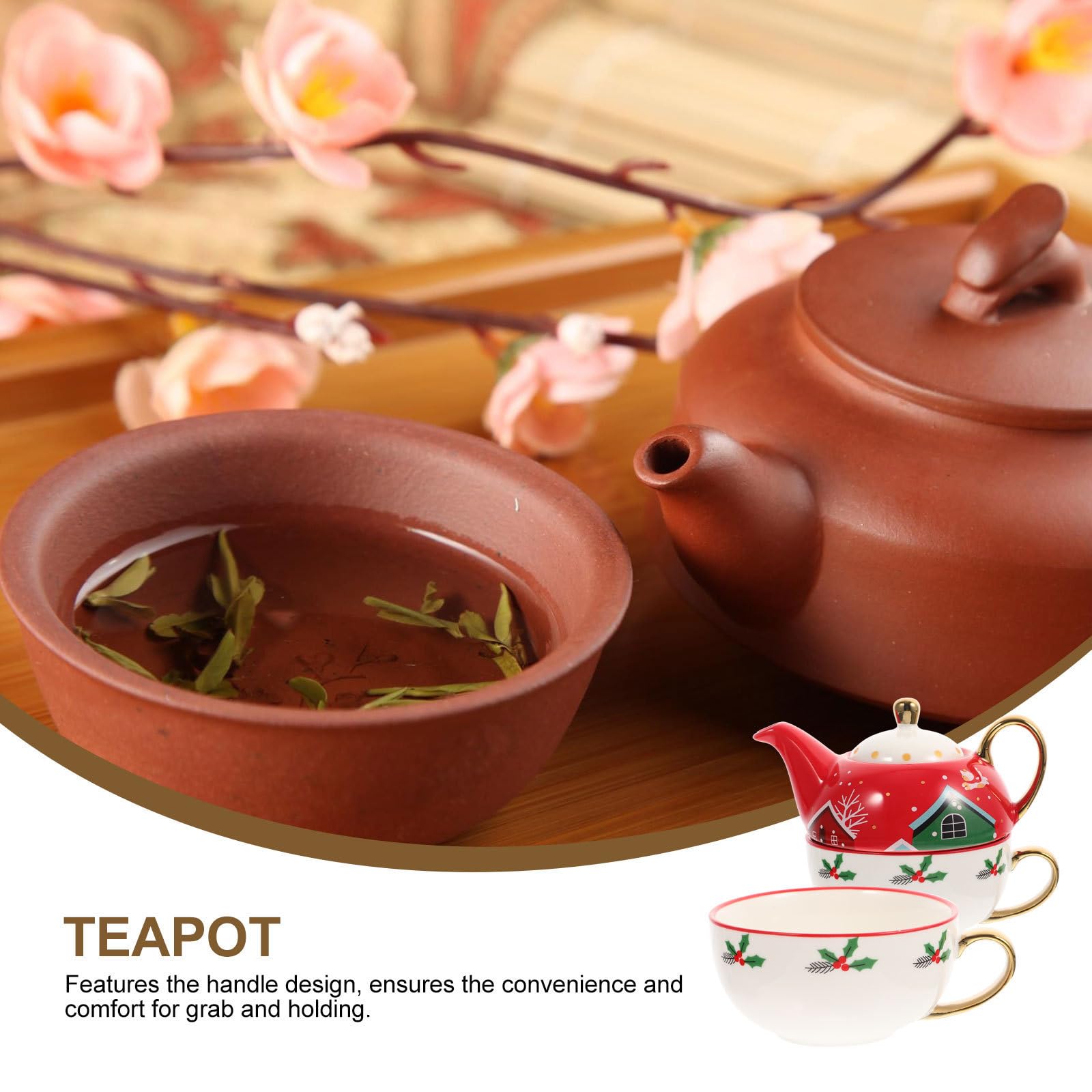 ULTECHNOVO Tasse et Soucoupe en Céramique de Noël, Coffret Rond, Théière et Poignée, Décoratif, Présent de Noël, Style Charmant