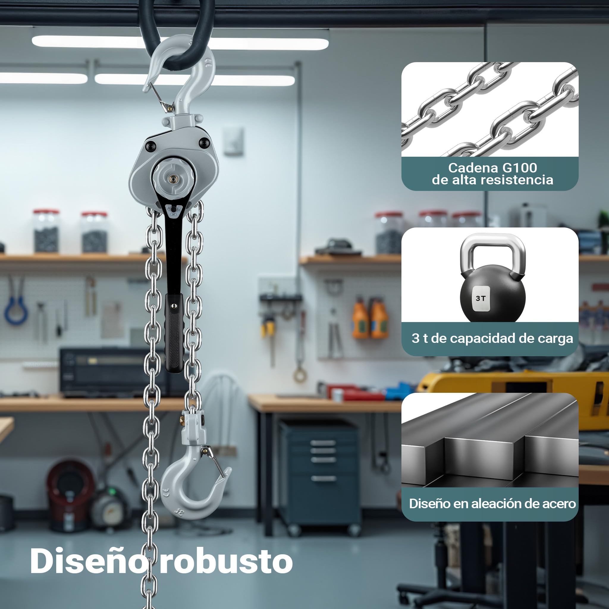 Wiltec Mini polipasto de palanca 3 t con cadena G100 y carcasa de aluminio cabrestante manual de 1,5 m de elevación sistema de freno y engranaje reductor para mayor seguridad y facilidad de uso