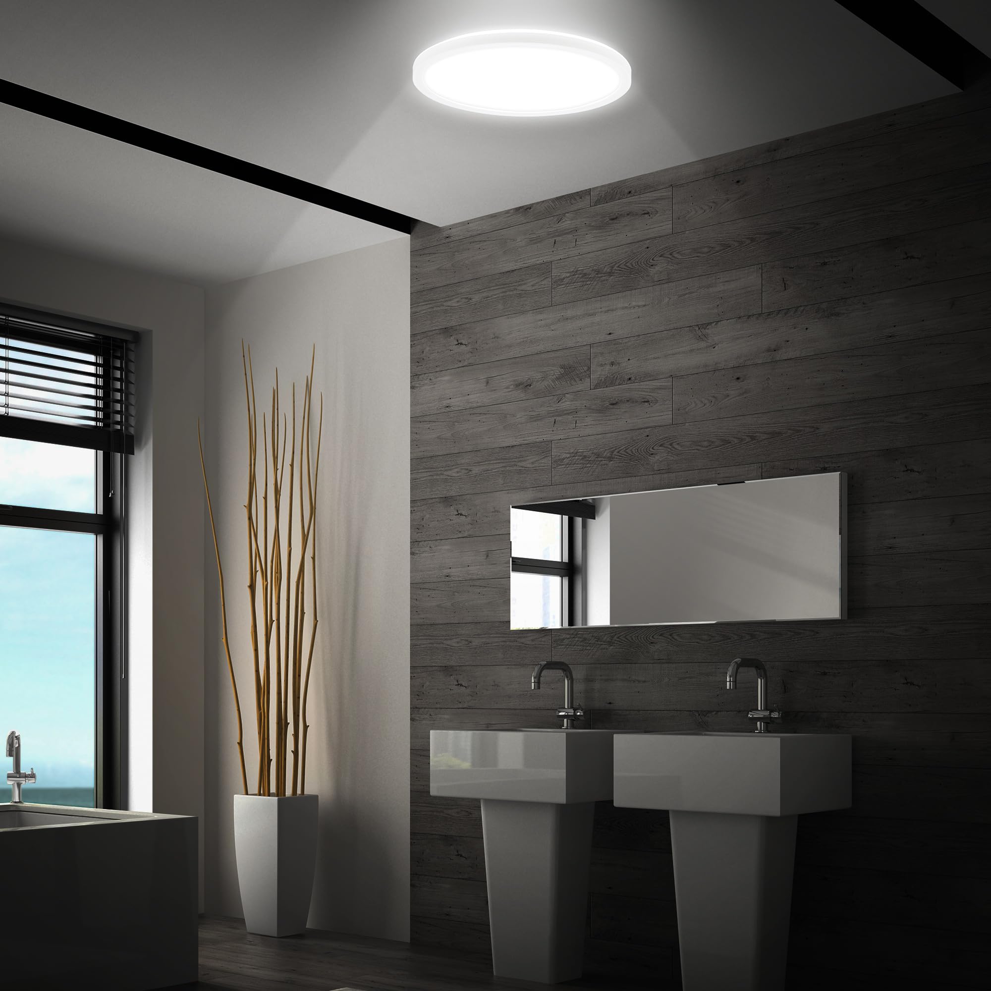 B.K.Licht - Plafoniera a LED con sensore di movimento, piatta, protezione dagli spruzzi d'acqua IP44, plafoniera a LED, pannello LED, lampada da bagno, cucina, lampada per ambienti umidi, 24 x 3 cm