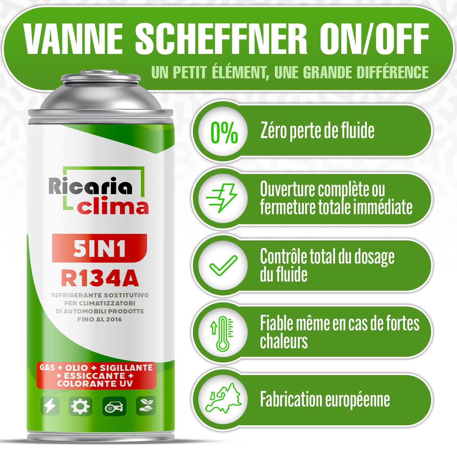 5-en-1 – Réfrigérant R134a XL pour Climatisation Auto avec Huile, Stop-Fuite, Traceur UV Et Déshydratant – Protège Le Compresseur – 235 g Chaque Boîte