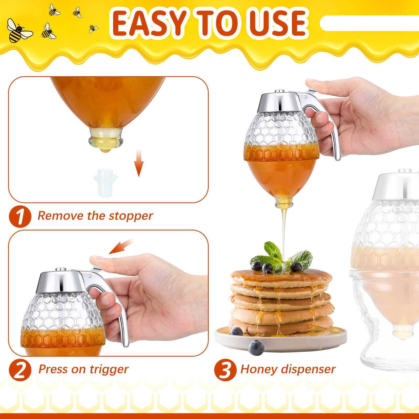 Lallisa 2 Pcs 8 Oz Glass Honey Dispenser Dripless with Stand Glass Maple Syrup Dispenser Clear