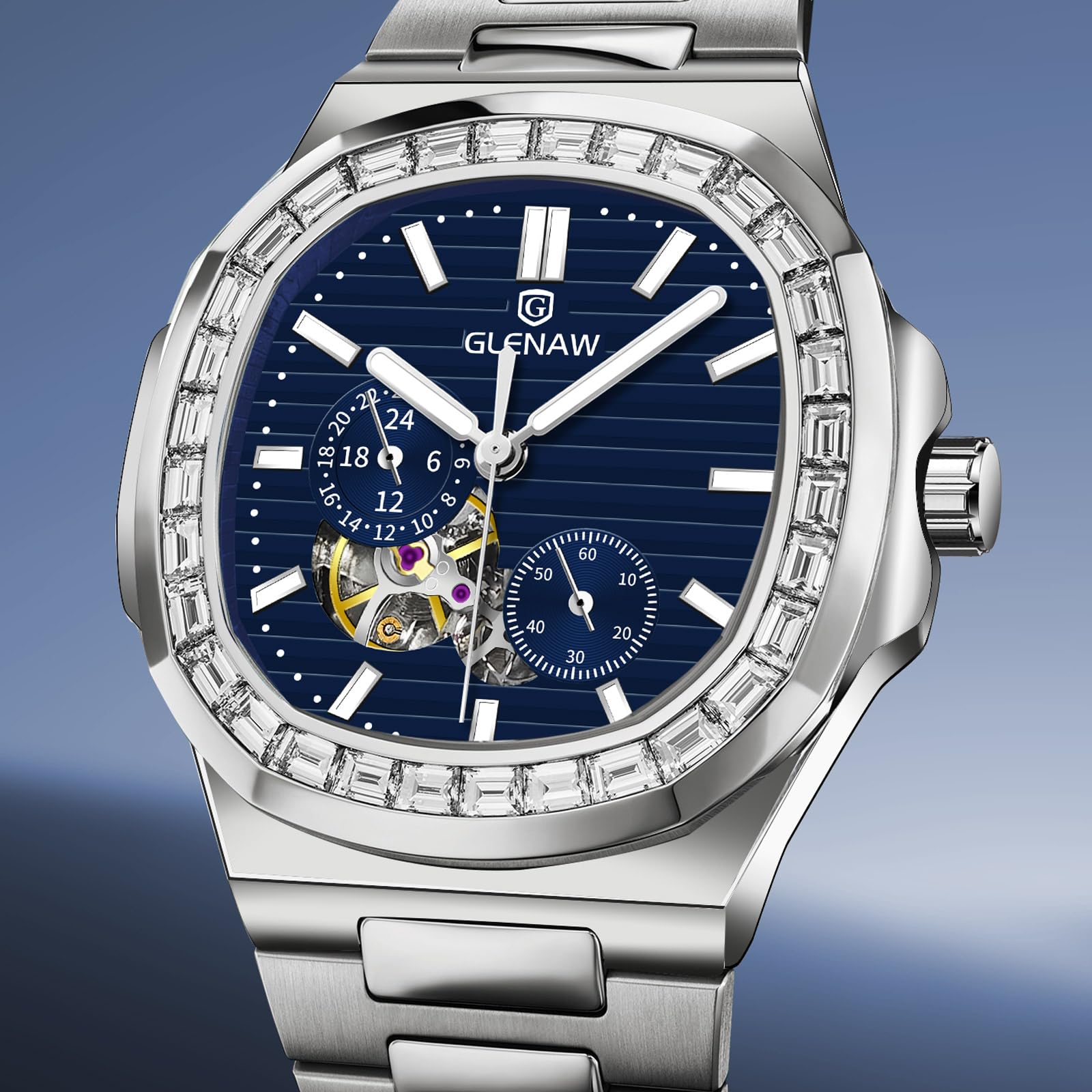 GLENAW Automatische Tourbillon-Uhren für Herren, quadratische Skelett-Uhr, Edelstahl, selbstaufziehend, mechanische Uhr, Armbanduhr