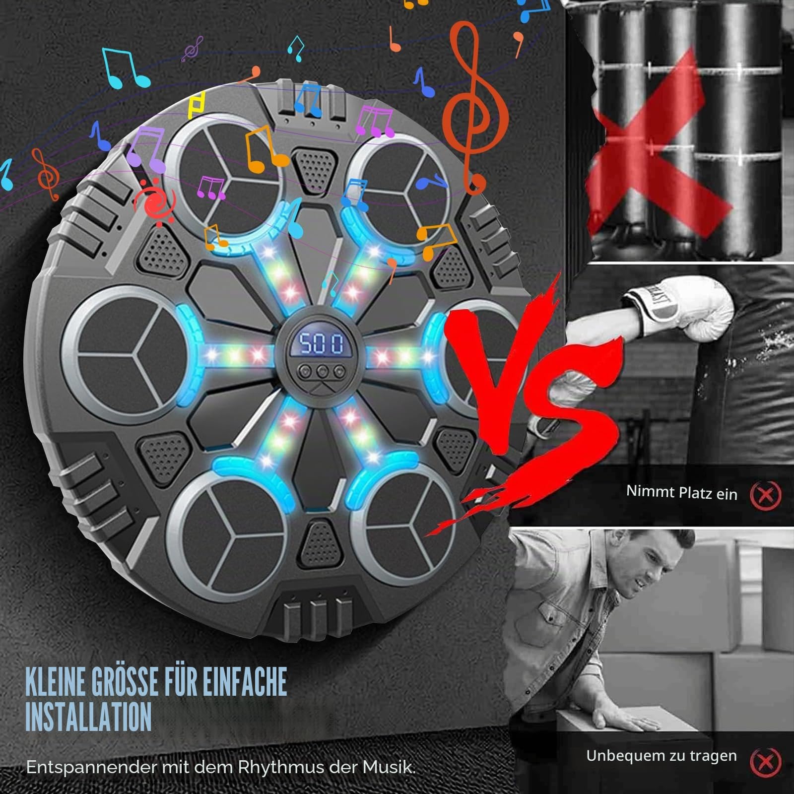 Eznaobo Musik-Boxmaschine, Wandmontage, mit Boxhandschuhen, 3 Geschwindigkeiten und LED-Licht, Bluetooth, intelligente Musik-Boxmaschine, Boxmaschine für Kinder und Erwachsene