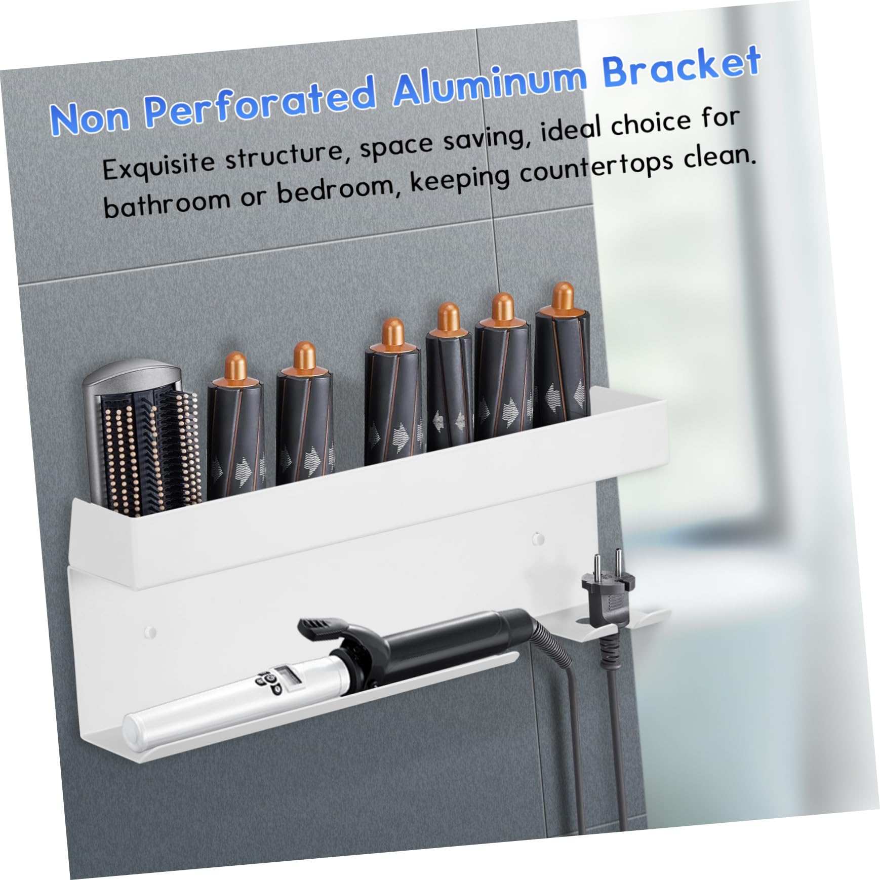 KOMBIUDA No Drill Aluminium Haartrockner Wandhalterung Hitzebeständiger Organizer für Föhn Glätteisen und Lockenstab Multifunktionale Aufbewahrung Schnelle Montage Modernes Design für
