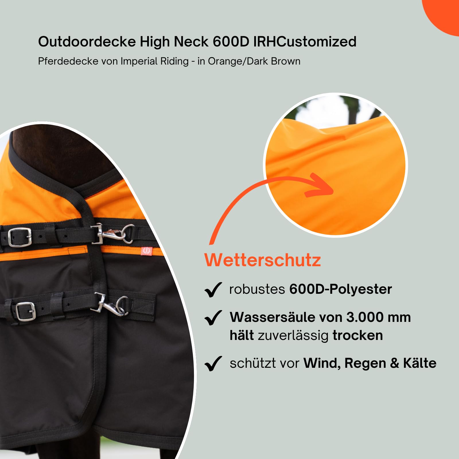 Imperial Riding - Outdoordecke High Neck 600D IRHCustomized – Regendecke – strapazierfähige & wasserdichte Weidedecke mit Baumwollfutter – Pferdedecke in Orange/Dark Brown – 145cm