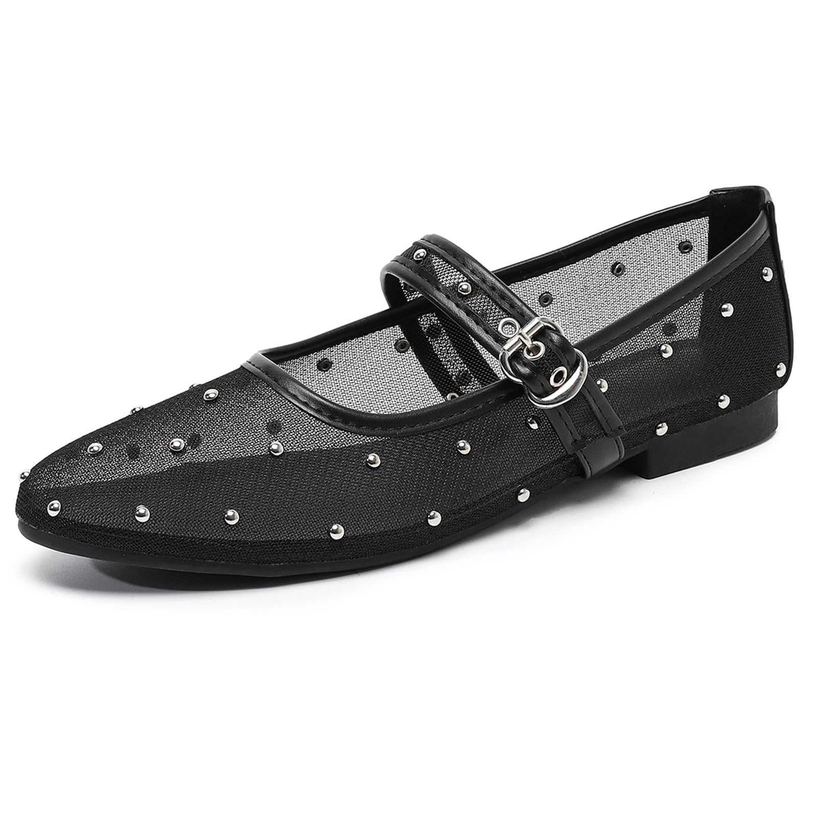AHZEHRSE Mesh Ballet Flats Shoes for Women Comfortable Studded Mary Jane Shoes Ballerina Buckle Strap Business Office Work Dress Shoes