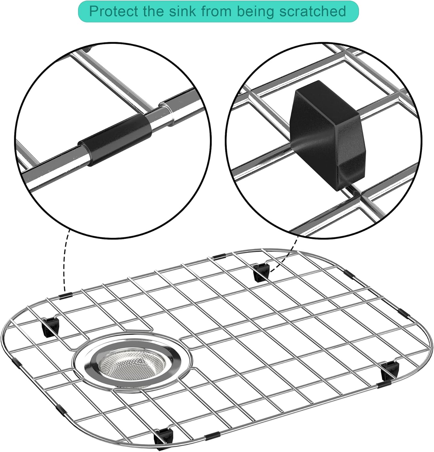 SANNO Sink Protectors for Kitchen, Stainless Steel Bottom Grid with Rear Drain Hole, Double Sink 16.14" L X 13" W, 2 Pack