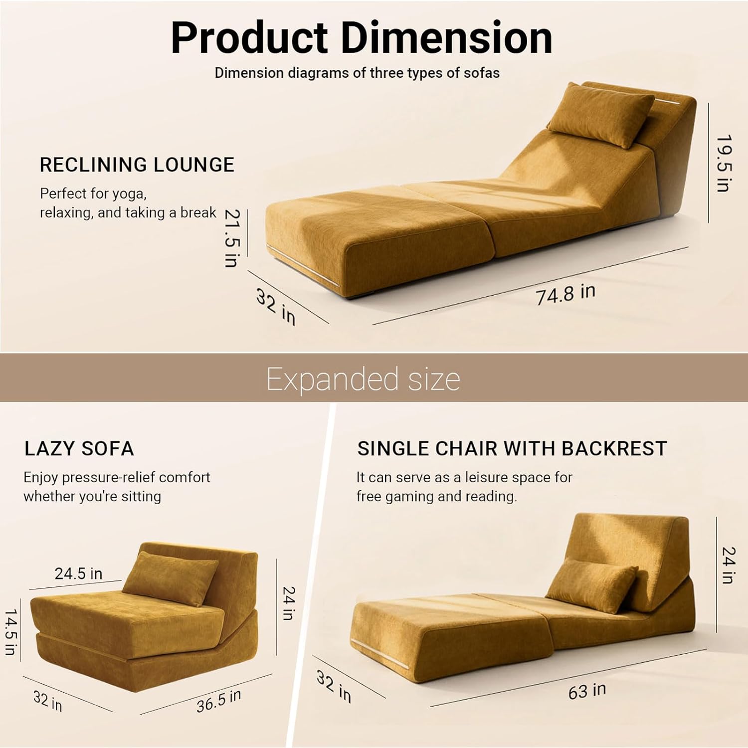 Fold Out Chair Bed, Folding Sofa Bed with High-Density Support Foam, Portable 3 in 1 Convertible Chair Bed Sleeper for Adults, Versatile Floor Couch for Living Room Bedroom, Yellow | With ashable cover, Foldable chair bed