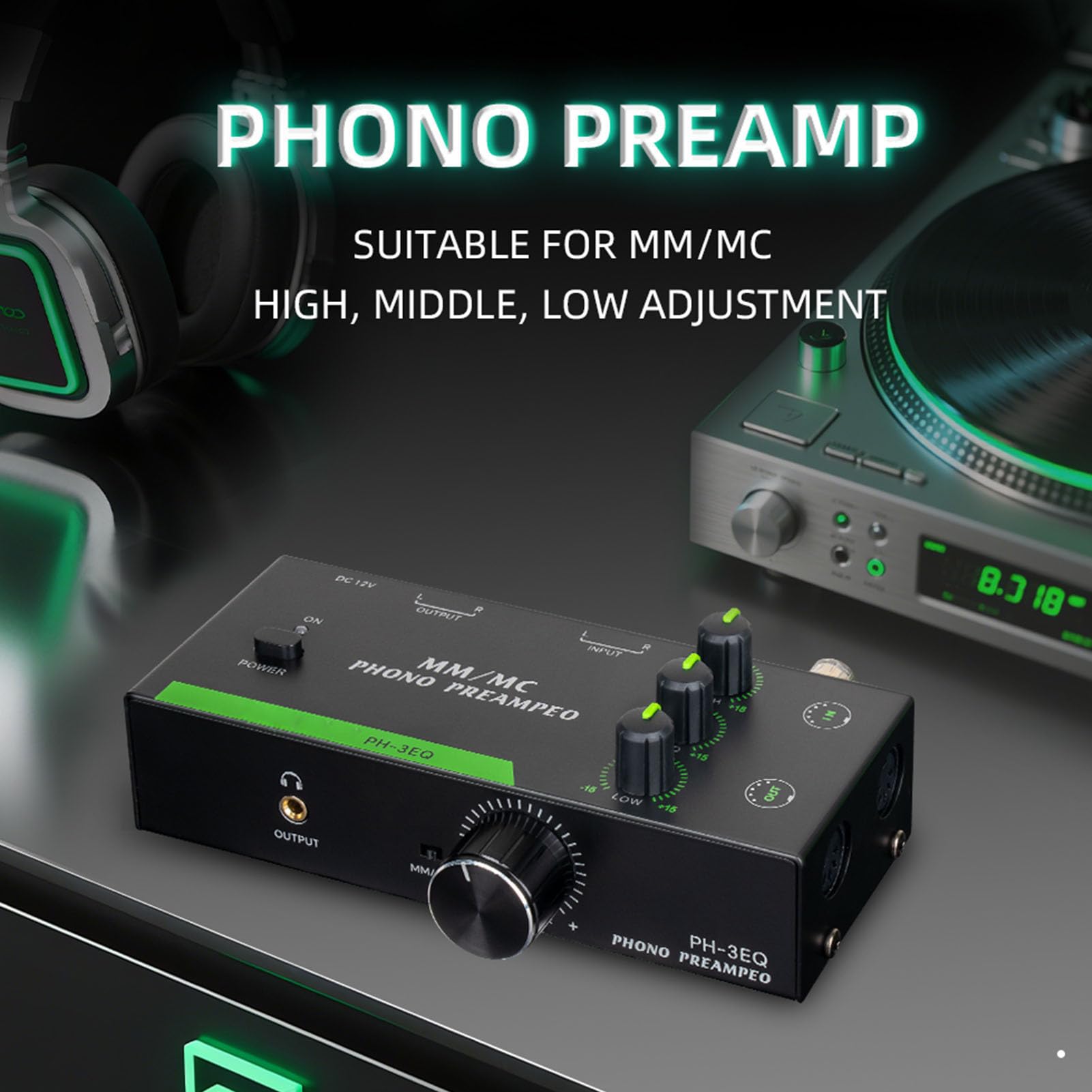 Préampli Phono MM MC Professionnel avec Entrée XLR 5 Broches, Égalisation Réglable pour Platines Vinyle