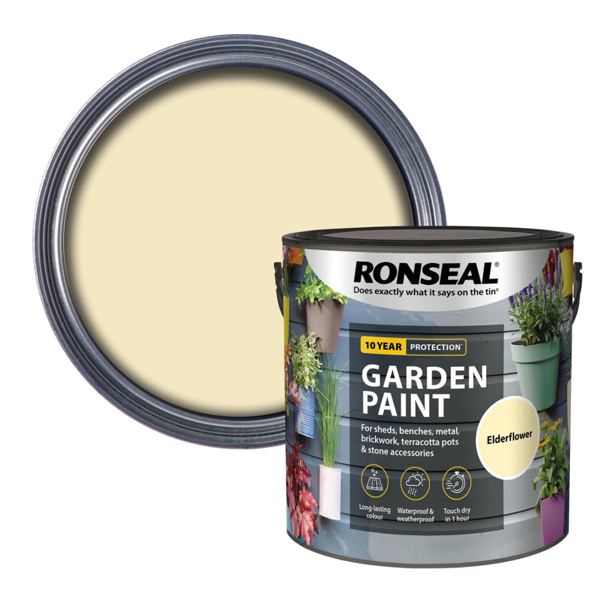 AOC24 Garden Fence Paint 2.5l – Multi-Surface Exterior Paint for Wood, Brick, Metal, Stone & Terracotta – Waterproof, Resists Fading, Matt Finish for Sheds, Fences, Garden Furniture Elderflower