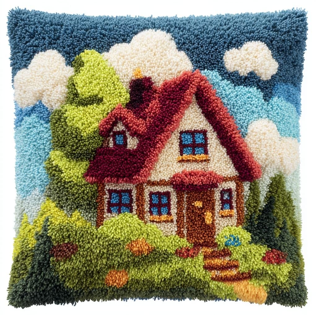 WallustrioaW Latch Hook Pillow Kits 43x43cm,Cartoon House in the Forest