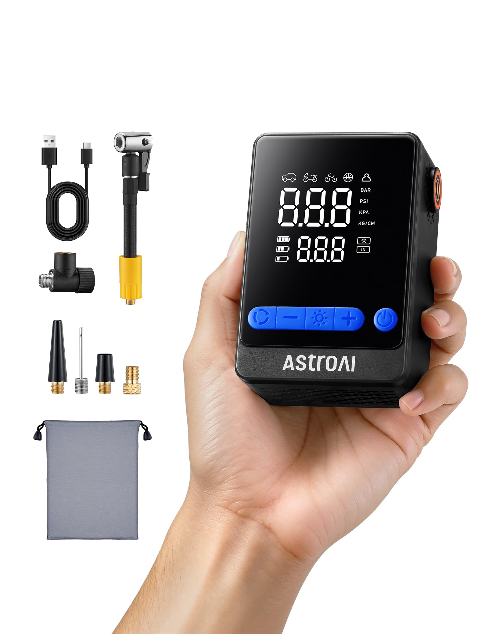 AstroAI Mini Elektrische Luftpumpe, Kabellose Fahrradpumpe, 2X Schnellere Reifenpumpe mit Großem Dual-Display, Autostop, 10,3 Bar für Auto, Fahrrad, Motorrad, Bälle, Blau