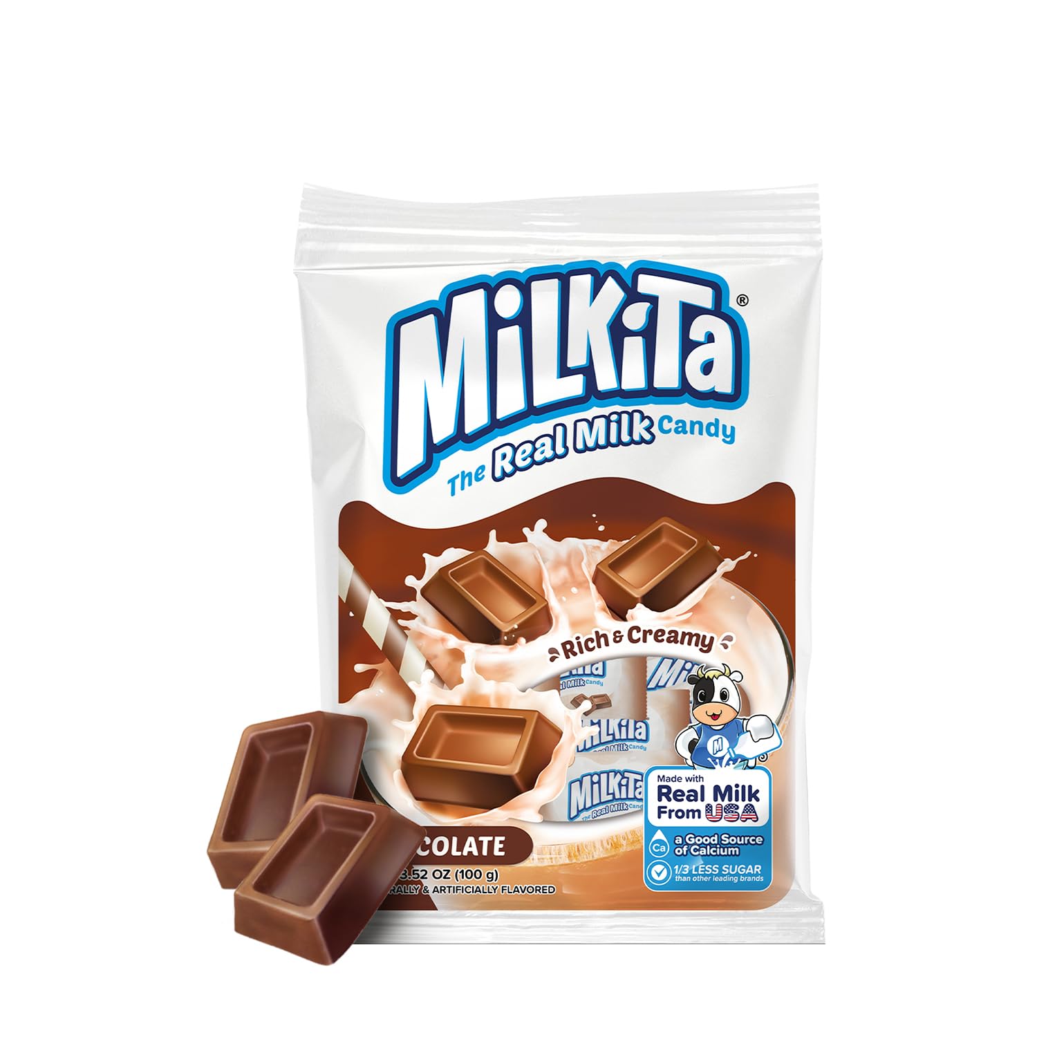 Milkita Creamy Shake Candy Bag, Gluten Free Chewy Candies with Calcium & Real Milk, Zero Trans Fat, Low-Sugar, Chocolate Flavor, 25 Pcs