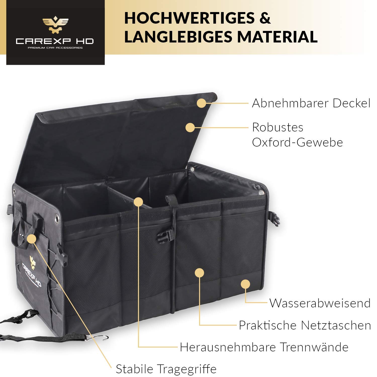 folgt CAREXP - Organizador para Almacenaje y Cajon Maletero Coche con Tapa (Plegable, Incluye Compartimentos Laterales, Interiores y Asas)