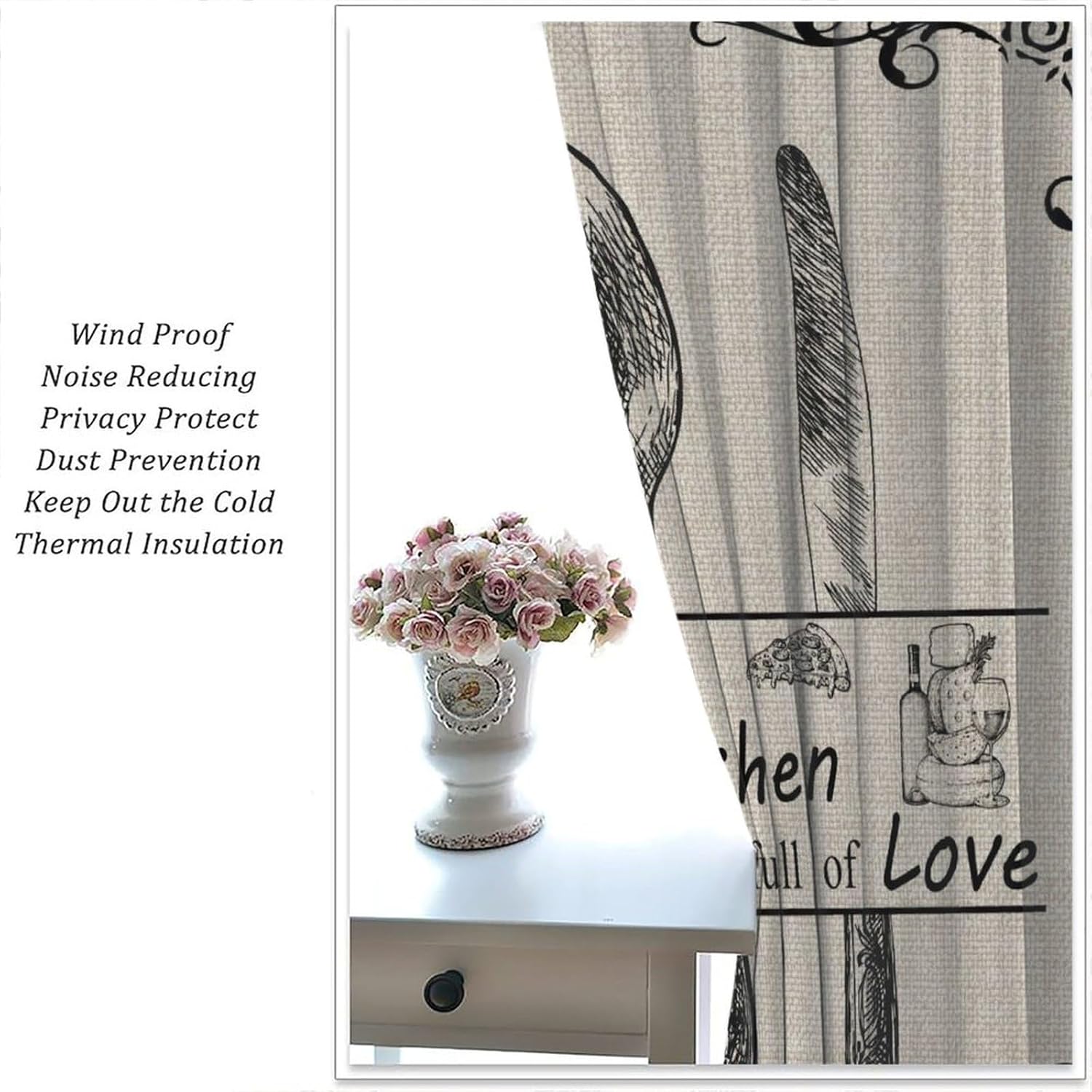 Rustic Farmhouse Kitchen Curtains, Vintage Fork Spoon Country Beige Linen Style Retro Printed Rod Pocket Window Drapes for Cafe Dining Room Living Room 52x84in