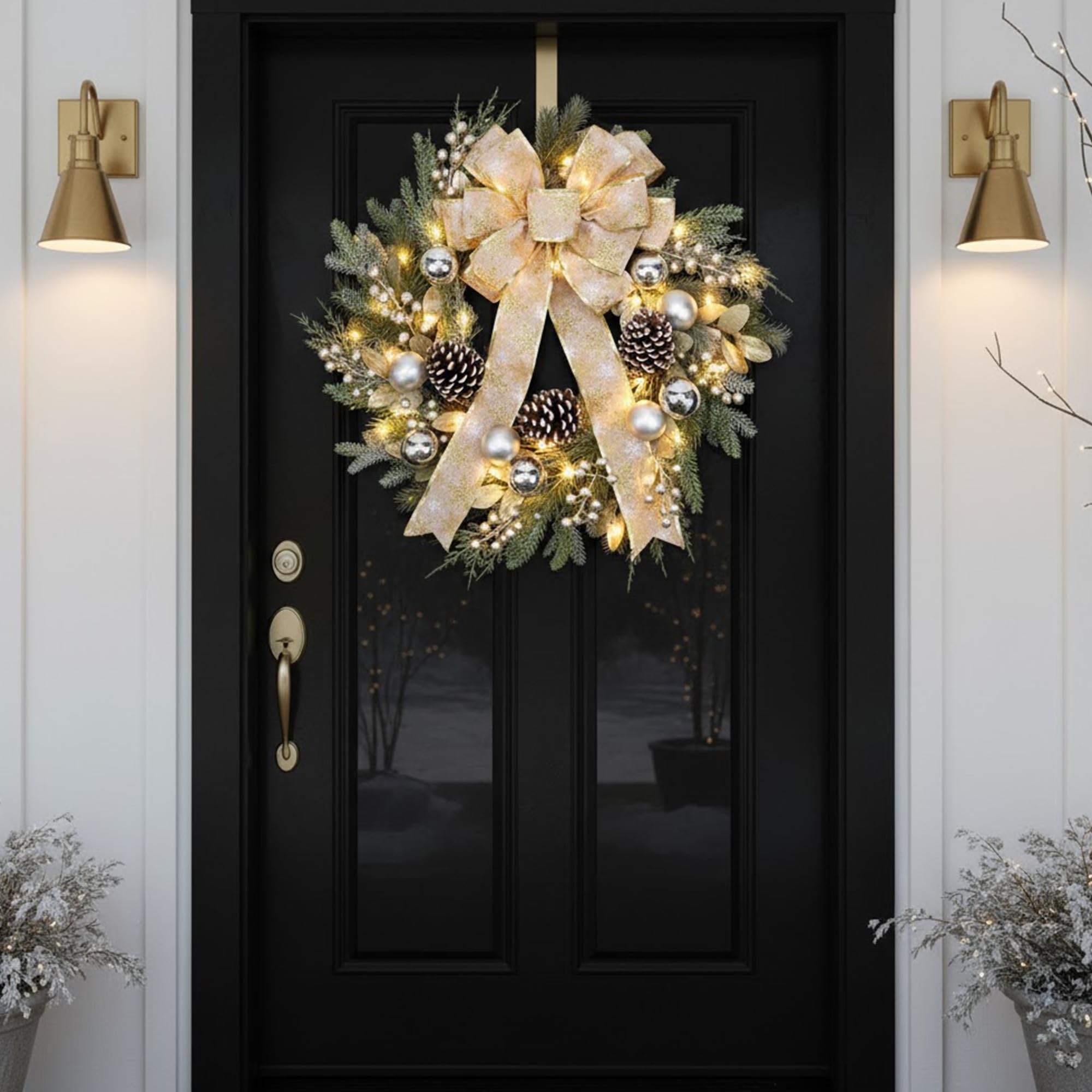 Couronne de Noël de 61 cm pour porte d'entrée avec lumières, nœud doré, couronne d'hiver, boules de Noël, pommes de pin, aiguilles de pin pour mur, maison, vacances, décoration de Noël