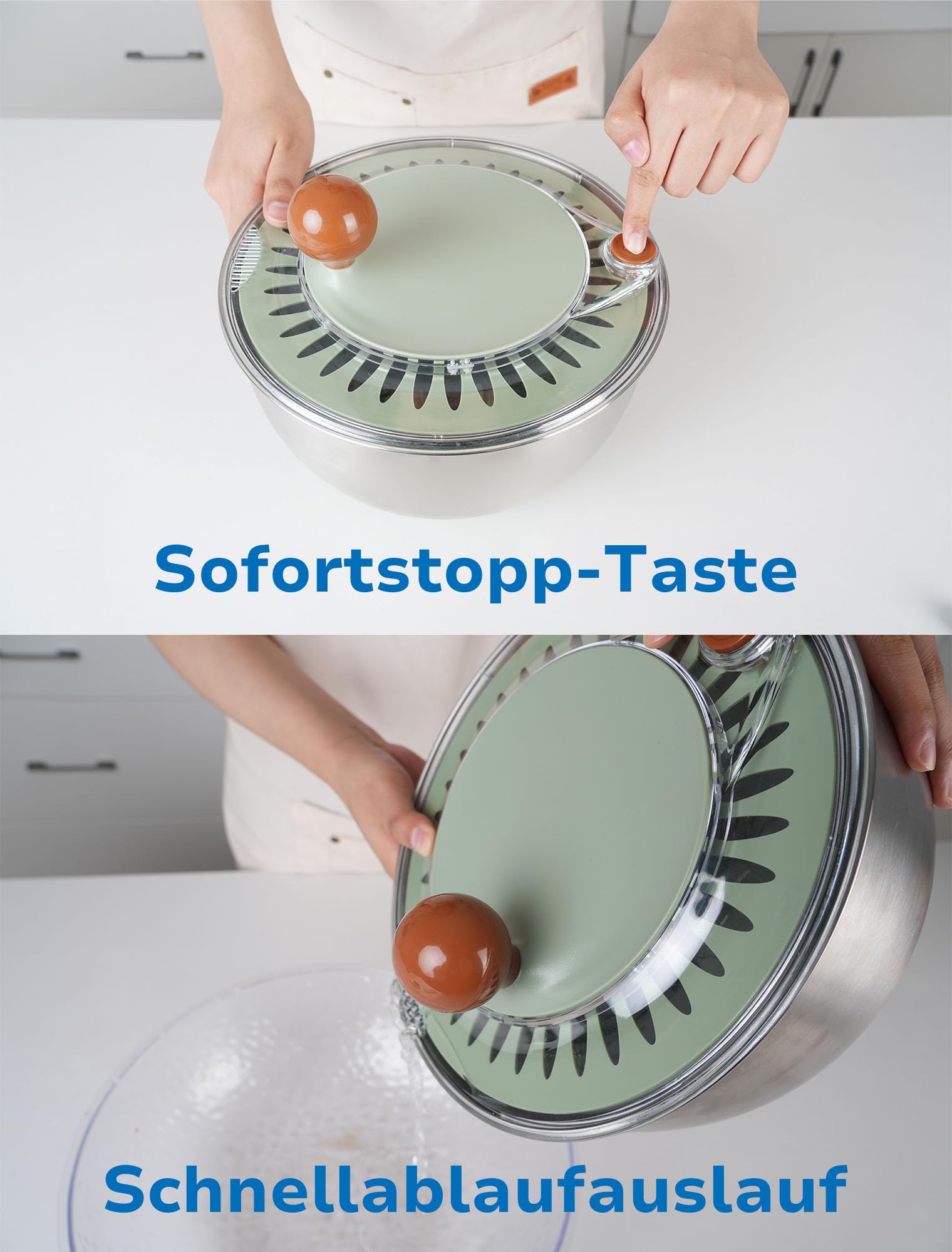 Lunememo 5L Salatschleuder Edelstahl 18/10, Rutschfester Boden & Stopptaste, Groß Salat Schleuder mit Deckel, BPA-frei
