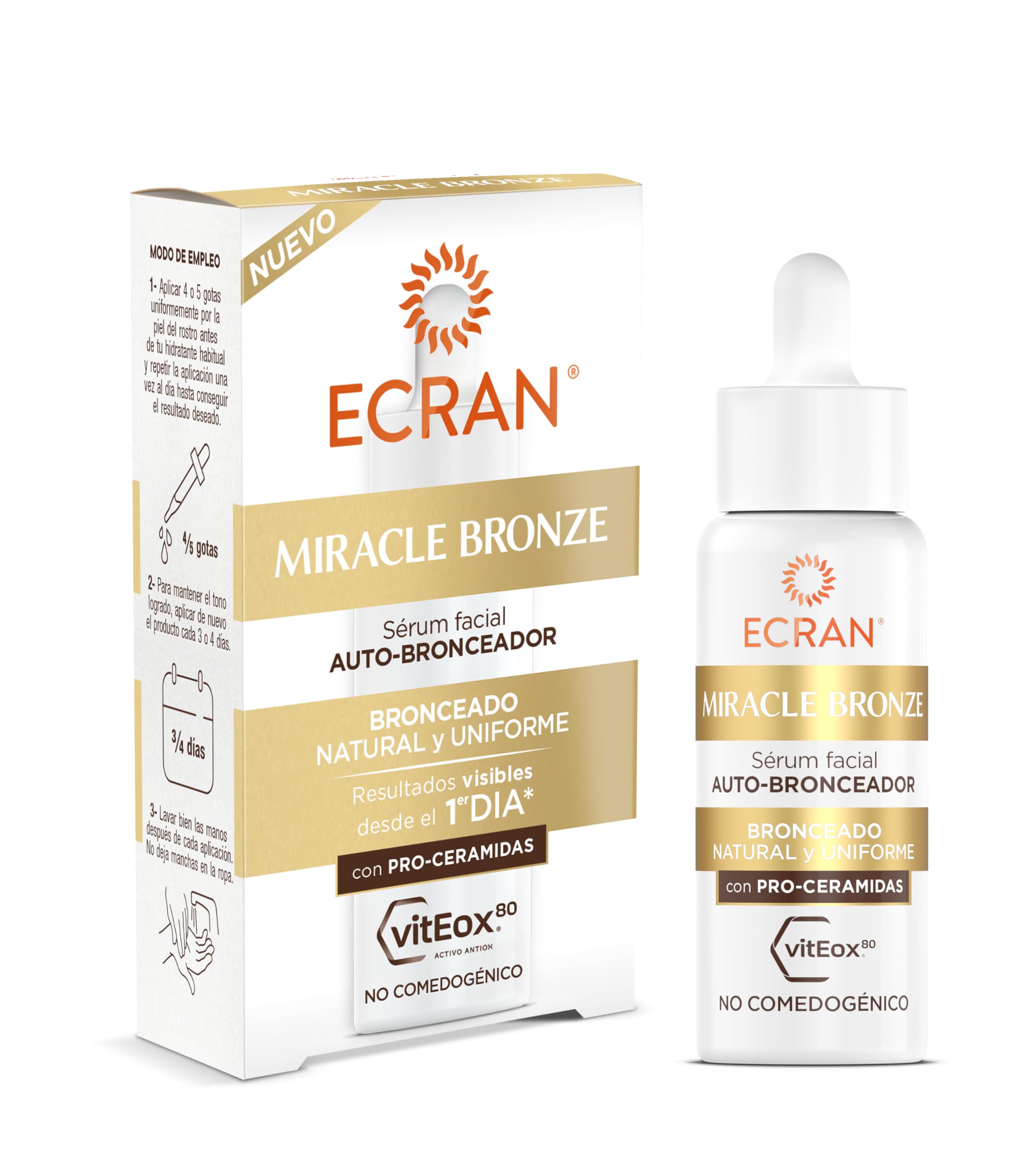 ECRAN Miracle Bronze Autobronceador Facial - Loción Bronceadora con Pro-Ceramidas - Bronceado Natural, Uniforme y Progresivo sin Sol - Textura Ligera, No Reseca ni Engrasa - 4 Días de Duración - 50 ml
