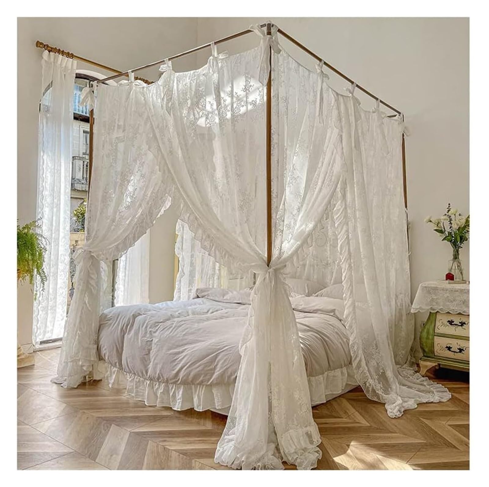 LGTDF35 DETPWVWB Romantic Lace Bed Canopy Mosquito Net for Princess Room - 4 Corner Post Bed Curtains with Metal Brackets(Pink,180X220cm/71X87in)(White,200X220cm/79X87in)