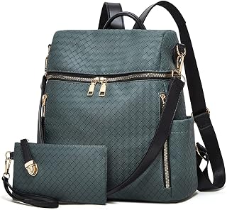 Backpacks for Women Fashion PU Leather Bag Multipurpose Design Convertible Satchel Bag Travel Backpack Handbag and Purse 2Pcs, Dark Green, Large, Travel Backpacks