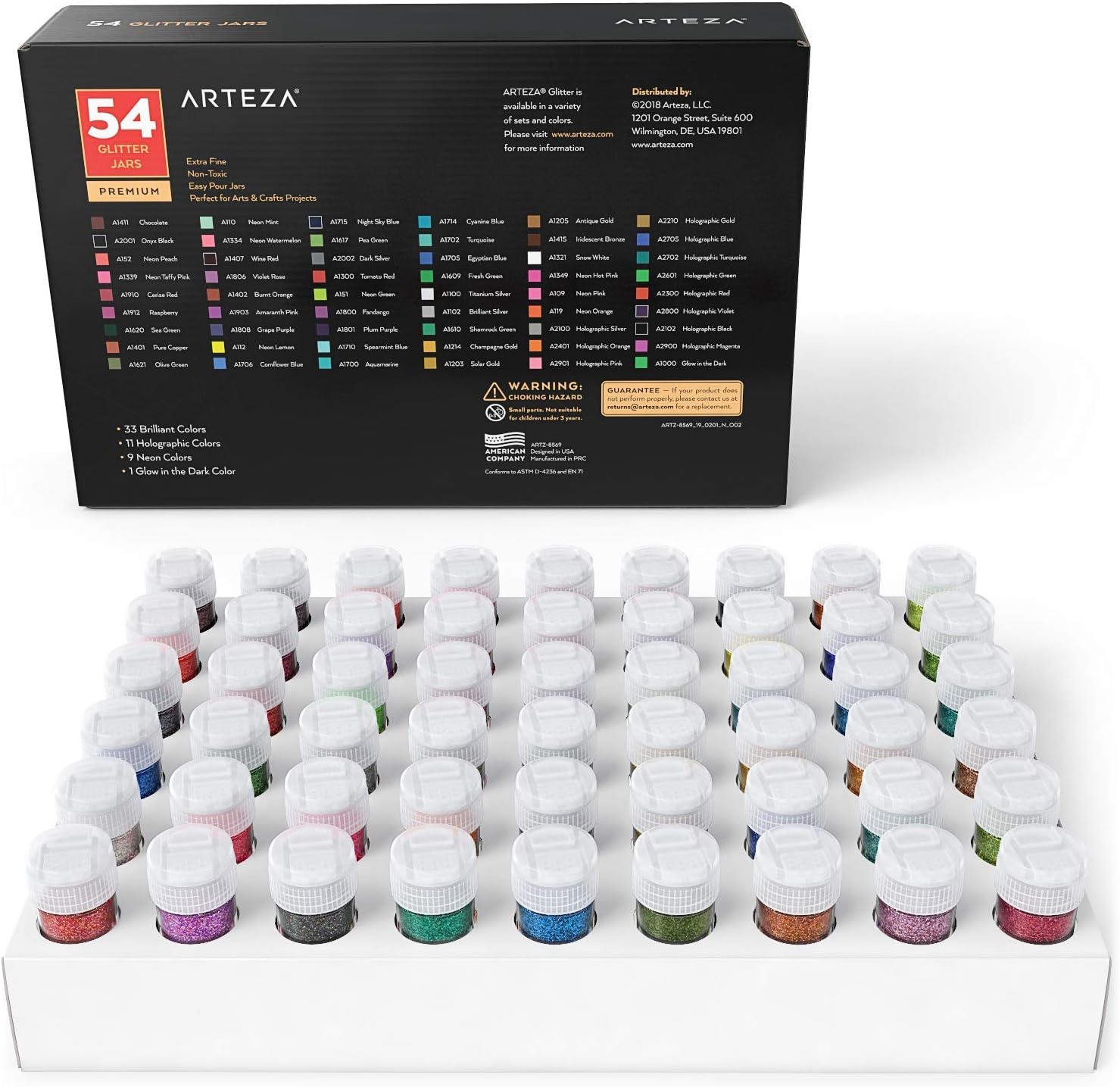 Arteza Fine Glitter, Set of 54 Colors, Shaker Jars (0.34oz/9.6 g) Glow Under UV Black Light, Extra Fine, Art Supplies for DIY Crafts