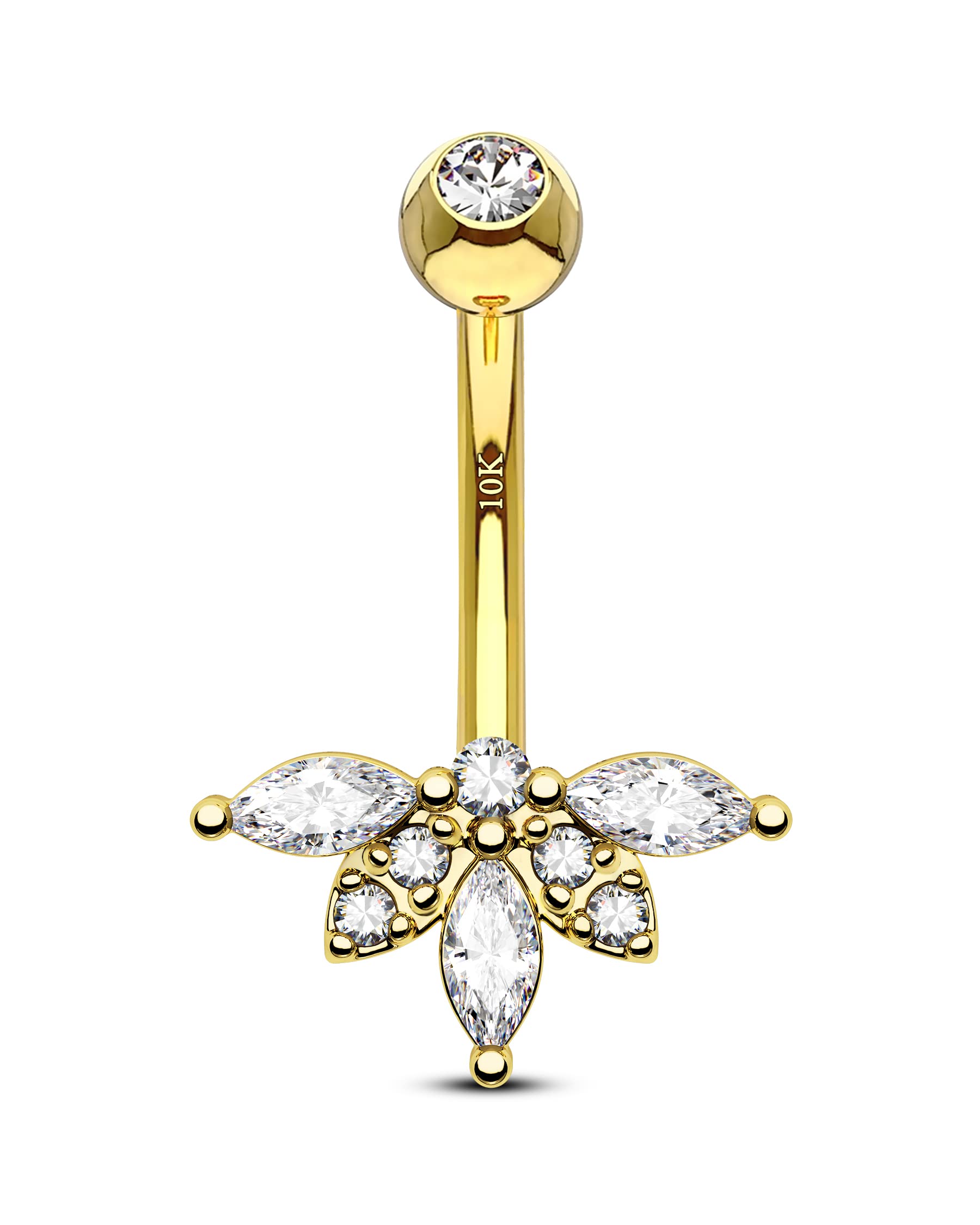 COCHARM 10K Gold Belly Button Rings 14G Lotus Clear CZ