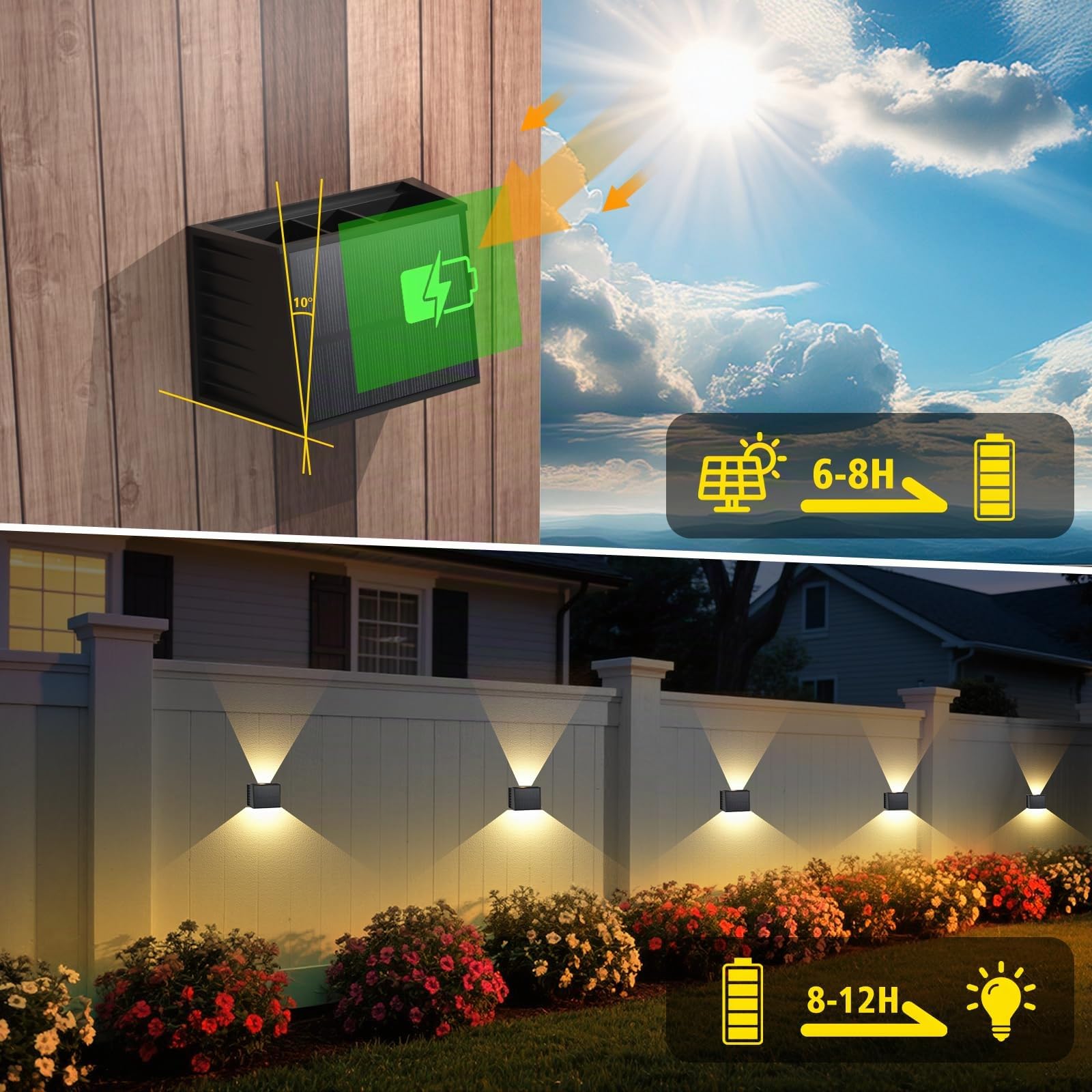 T-SUN Lampada Solare da Esterno 4 Pezzi, Applique da Esterno Solare Angoli Del Fascio Superiore e Inferiore 3000K Bianco Caldo, Luci Solari da Giardino Impermeabile per Recinzione da Giardino Parete