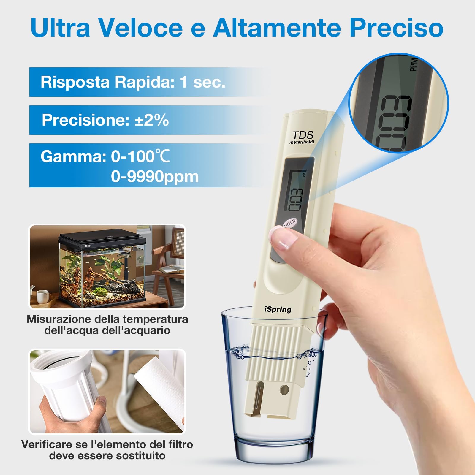iSpring TDS Misuratore Digitale di Qualità dell'Acqua a 3 Pulsanti con Funzione di Test della Temperatura