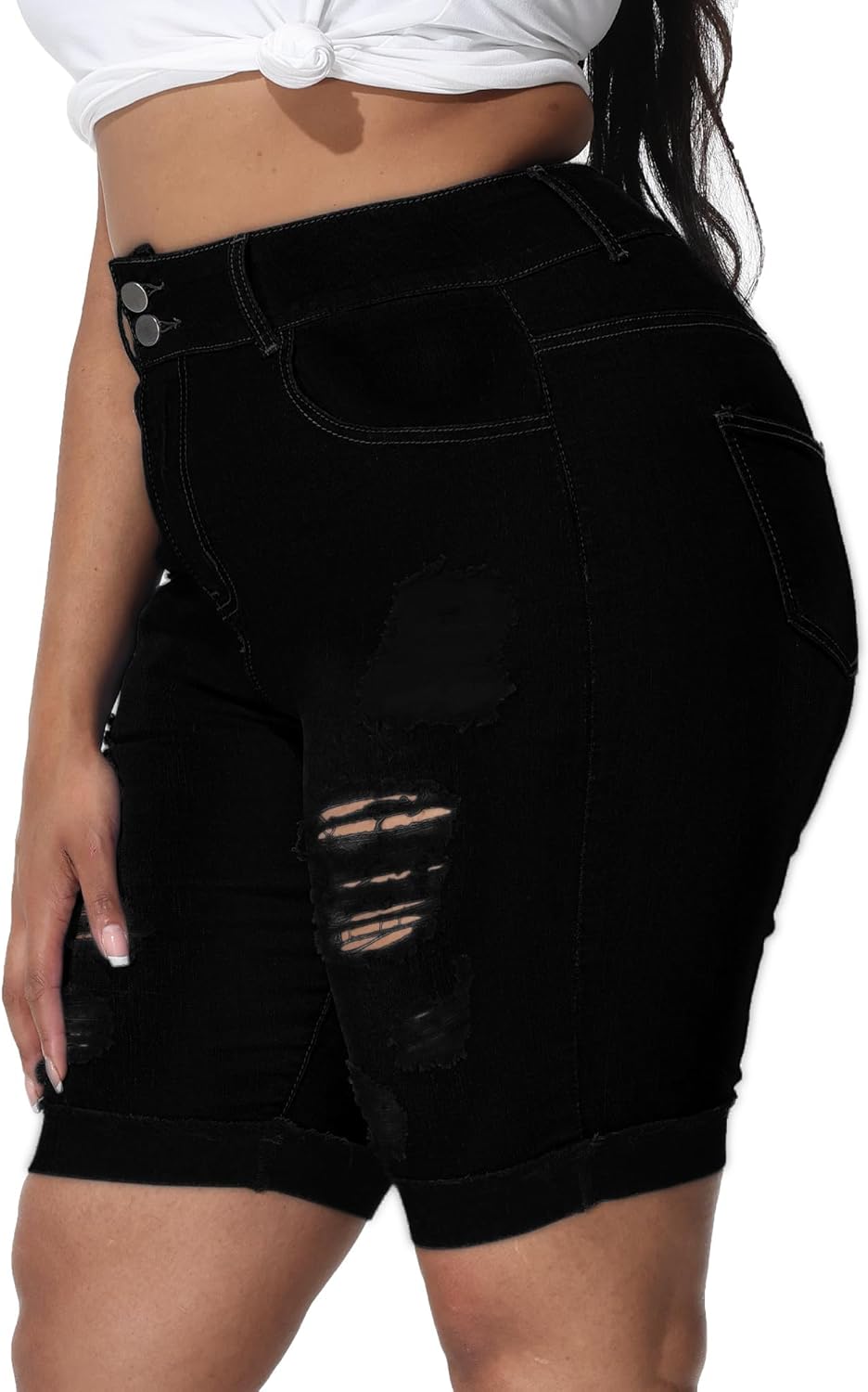 Womens Plus Size Jean Shorts Stretchy High Waisted Ripped Roll Hem Denim Bermuda Shorts 10" Inseam - Image 4