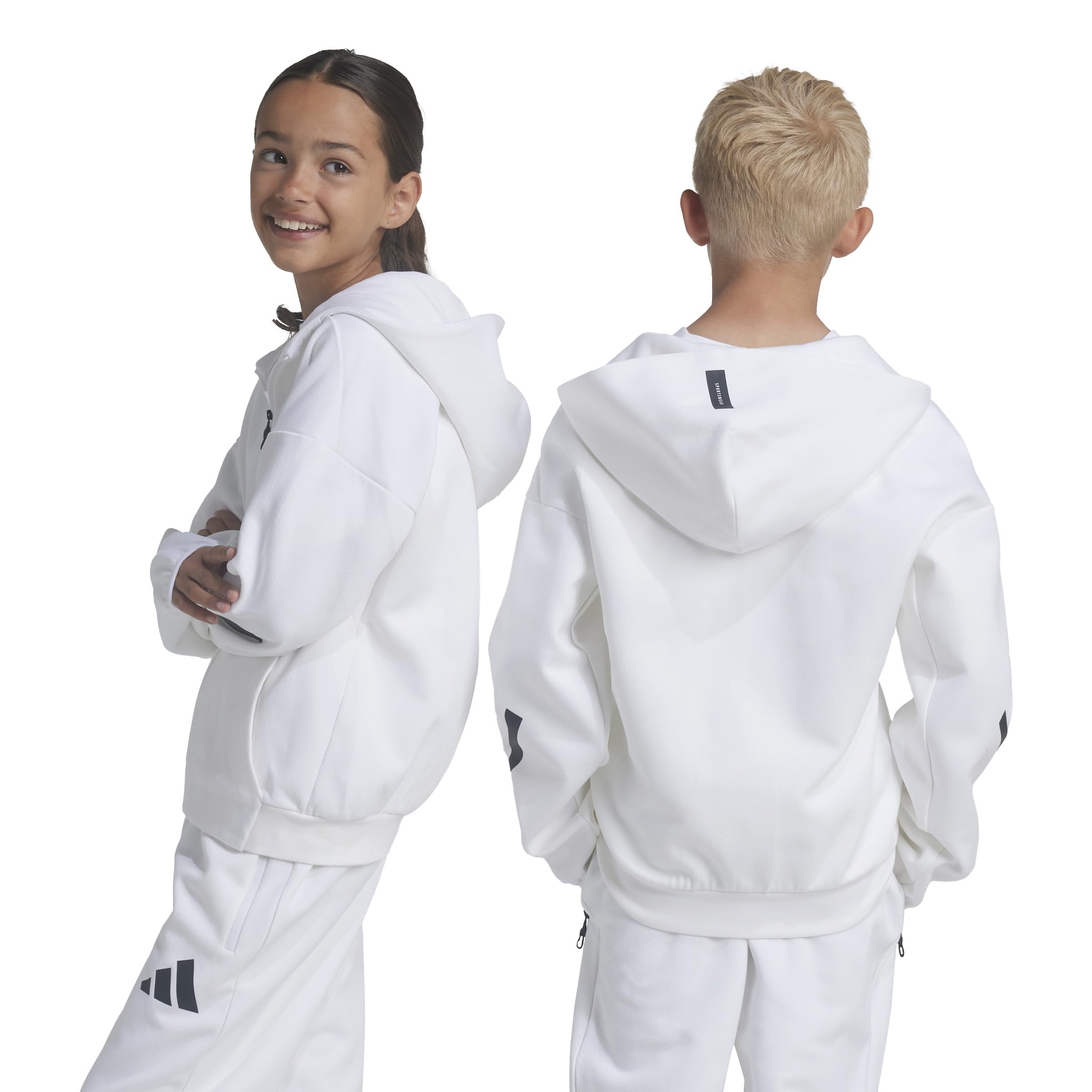 adidas Z.n.e. Felpa con cappuccio e zip intera, per bambini, bianco/nero, L, bianco/nero, L