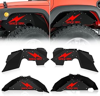 Lightning Logo Front & Rear Inner Fender Liners Compatible with 2007-2018 Jeep Wrangler JK & JKU Unlimited Sport Sahara Rubicon, Steel Mud Guards Wheel Well Cover Fenders Flares (2/4 Doors)
