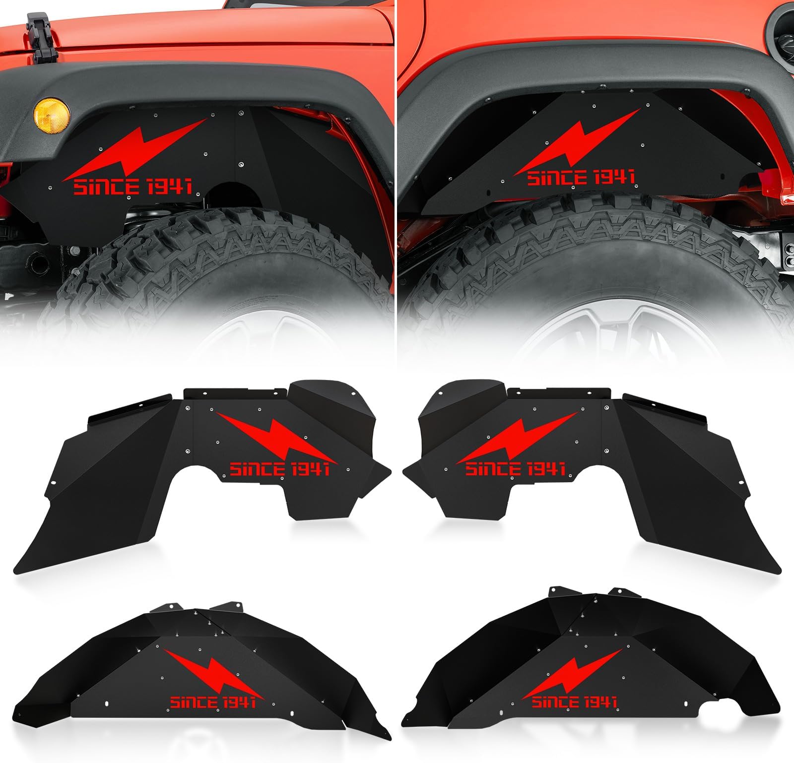 Lightning Logo Front & Rear Inner Fender Liners Compatible with 2007-2018 Jeep Wrangler JK & JKU Unlimited Sport Sahara Rubicon, Steel Mud Guards Wheel Well Cover Fenders Flares (2/4 Doors)