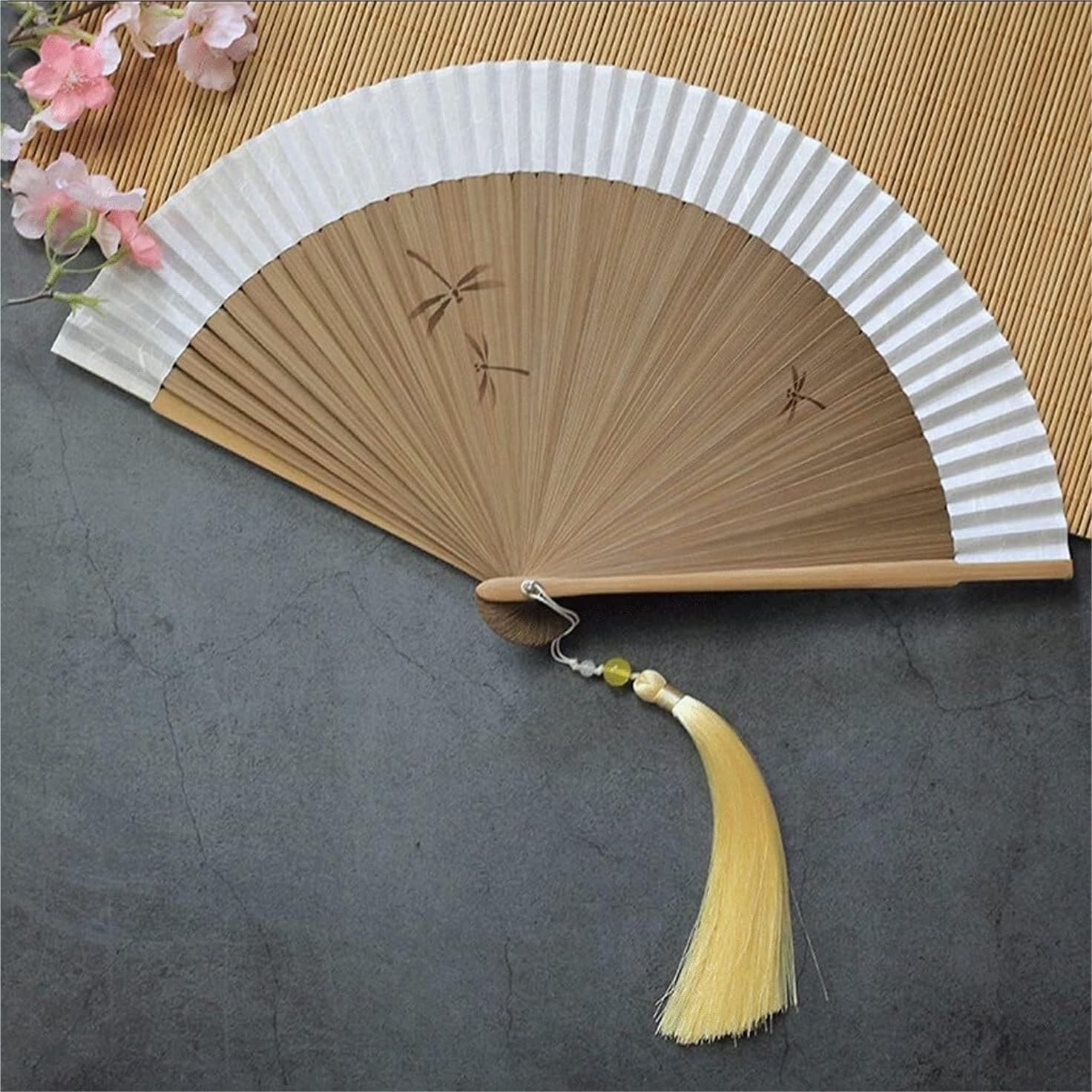 Ventilateurs Pliables Éventail Pliants Éventail À Main Pliant Fait À La Main, en Papier De Bambou, Éventail À Main Pliable Libellule, Éventail De Danse Pliable Portable Eventail Mariage(White