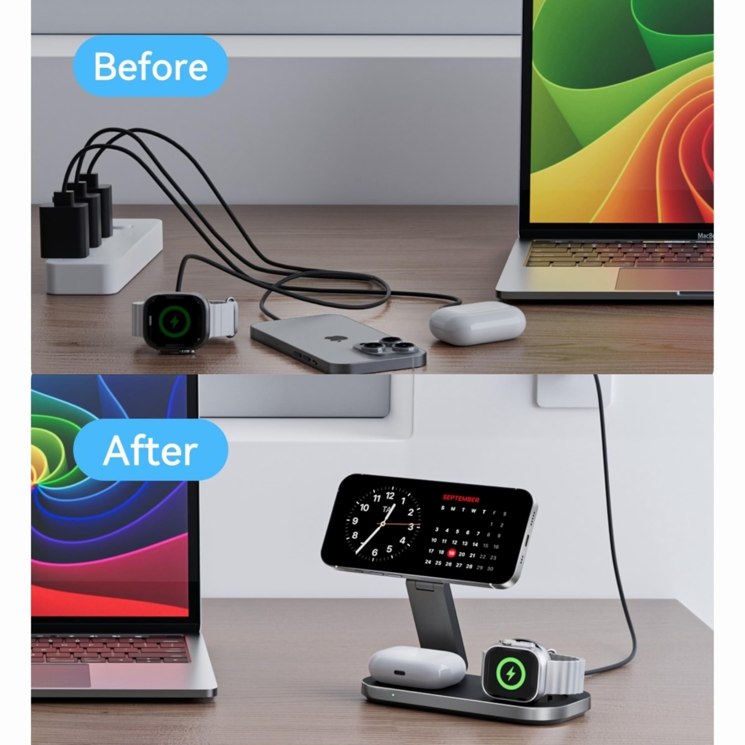 3 in 1 Wireless Charging Station - Foldable Wireless For iPhone, Apple Watch And AirPods | Travel-Ready iPhone Magsafe Charger Stand | Compact Fast Charge Stand | Adapter Included (Black) — view 4