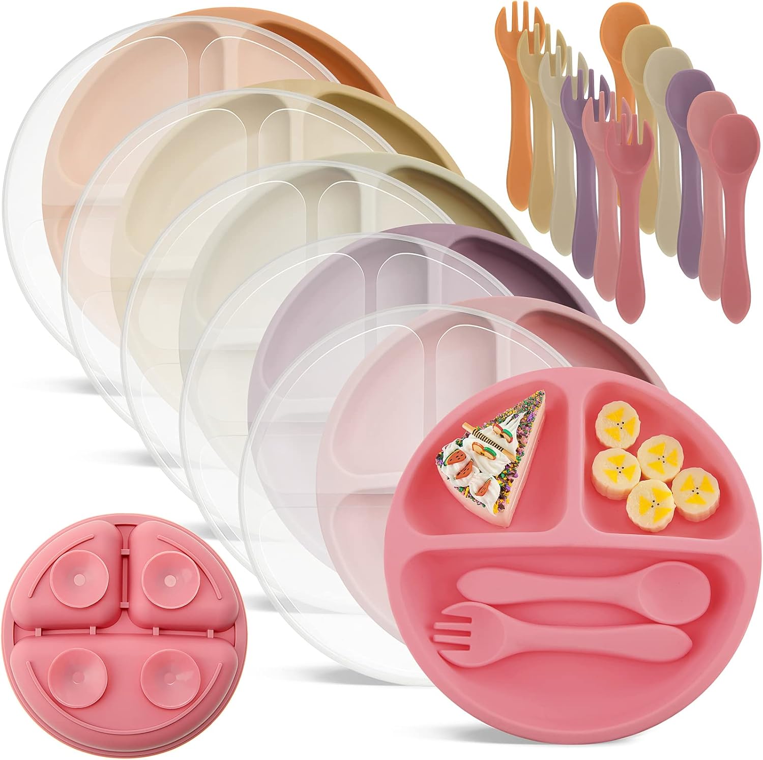 Meanplan 6 Pack Suction Plates for Toddlers with Lids Silicone Baby Plates set Food Grade Silicone Divided Design BPA Free Microwave and Dishwasher Safe Assorted Colors(Cute Colors)