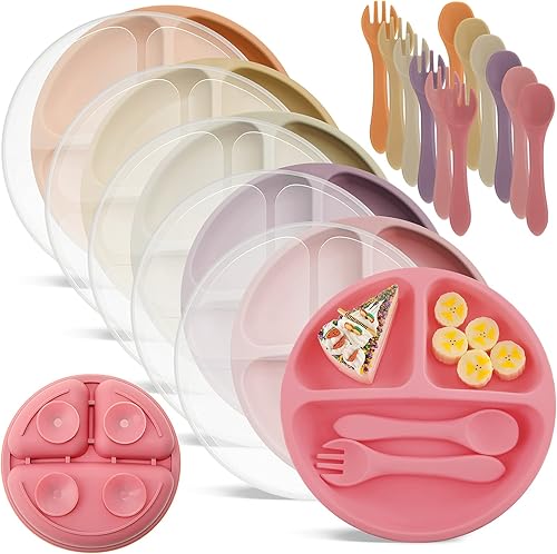 Meanplan Paquete de 6 placas de succión para niños pequeños con tapas, juego de platos de silicona de grado alimenticio, diseño dividido de silicona