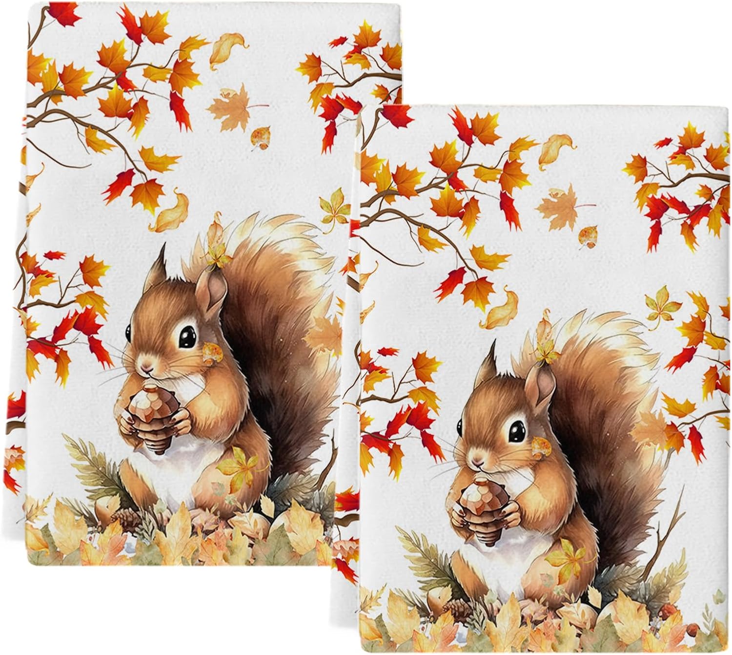 Squirrel Autumn Animals Kitchen Towels Set of 2, Funny Dish Towels for Kitchen Decorative, Absorbent Hand Towels for Barthroom Home Decor, Nature Woodland Forest Fall Tea Towels Housewarming Gifts