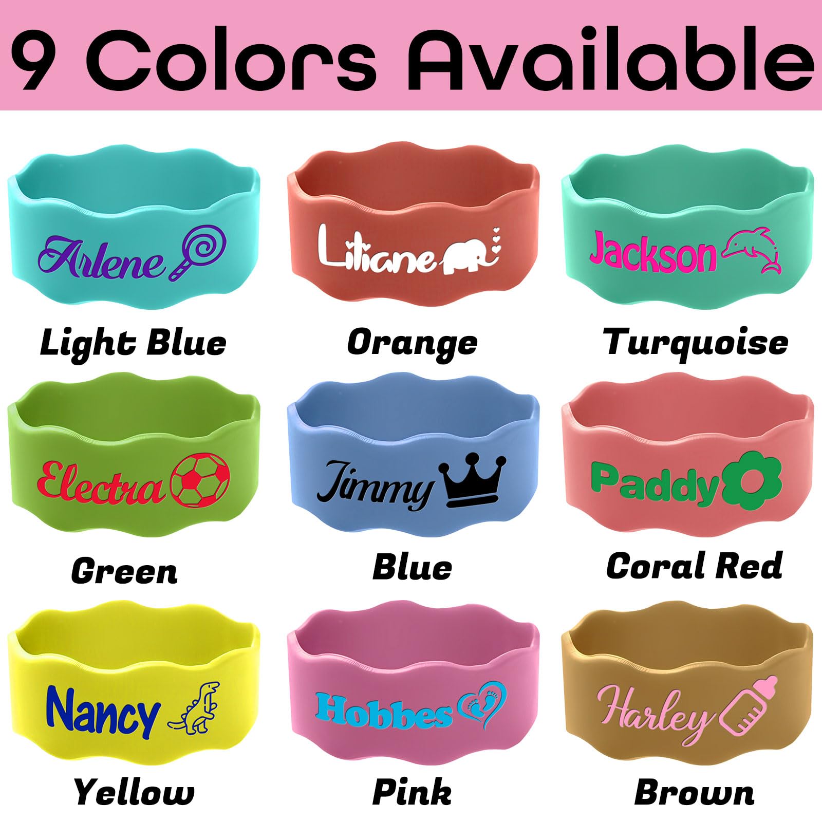 Custom Baby Bottle Labels for Daycare Personalized Silicone Name Bands Customized Reusable Waterproof Kids Cups Grip Straps-Pink