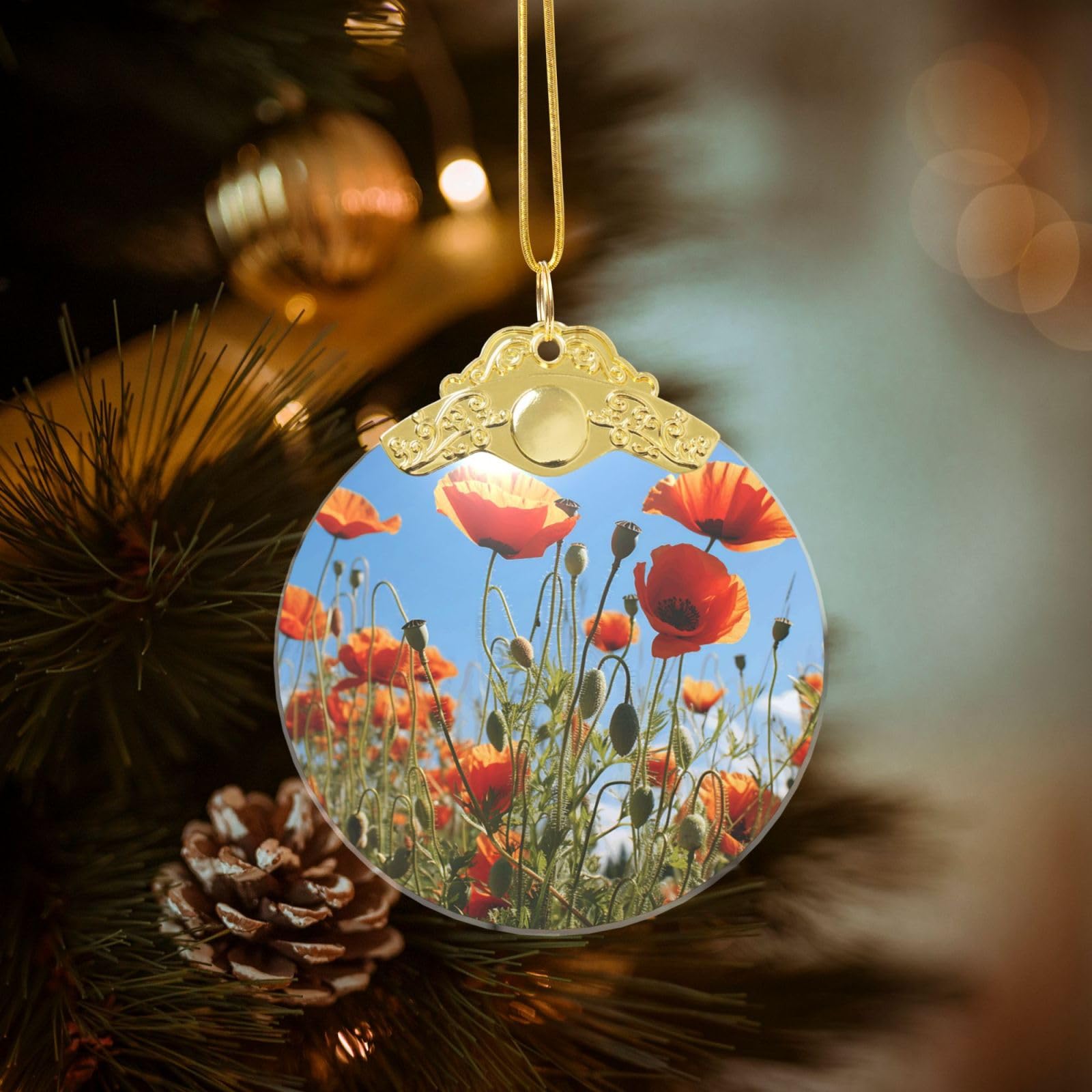 Crystal Christmas Ornaments for Christmas Tree Decoration Hanging Poppies on Blue Sky Ornament with Gold Ribbon Crafts Round Pendant for Keepsake Gifts Glass Xmas Decor Party Supplies