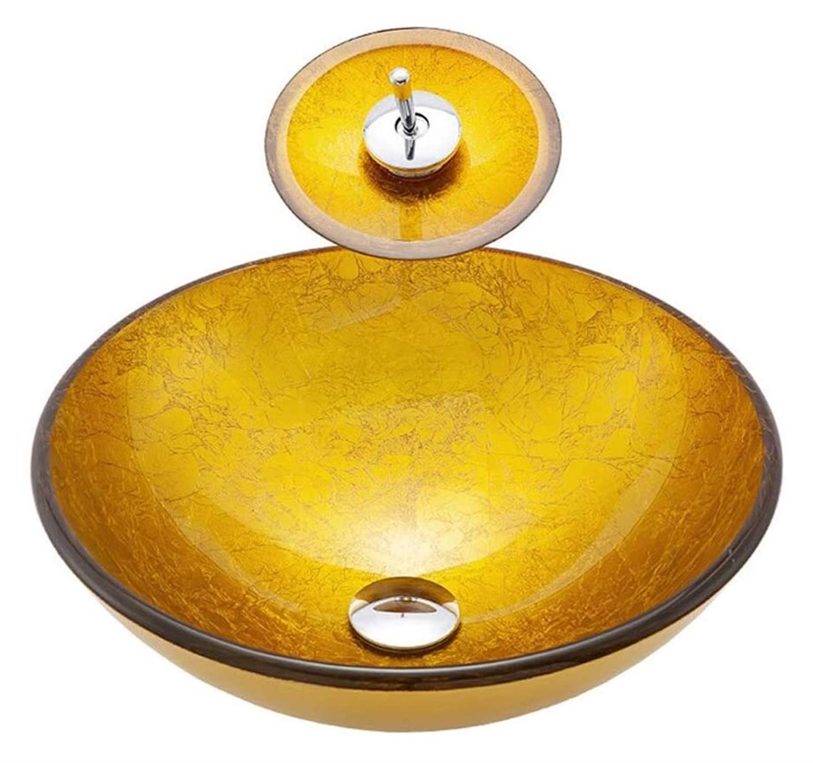 WOTZOV Vanity Unit With Basin,Bathroom Basin Vessels Sink Countertop Basin, Golden Wrinkled Foil Vessel Vanity Sink Tempered Glass Above Counter Bathroom Lavatory Bowl Artistic Wash