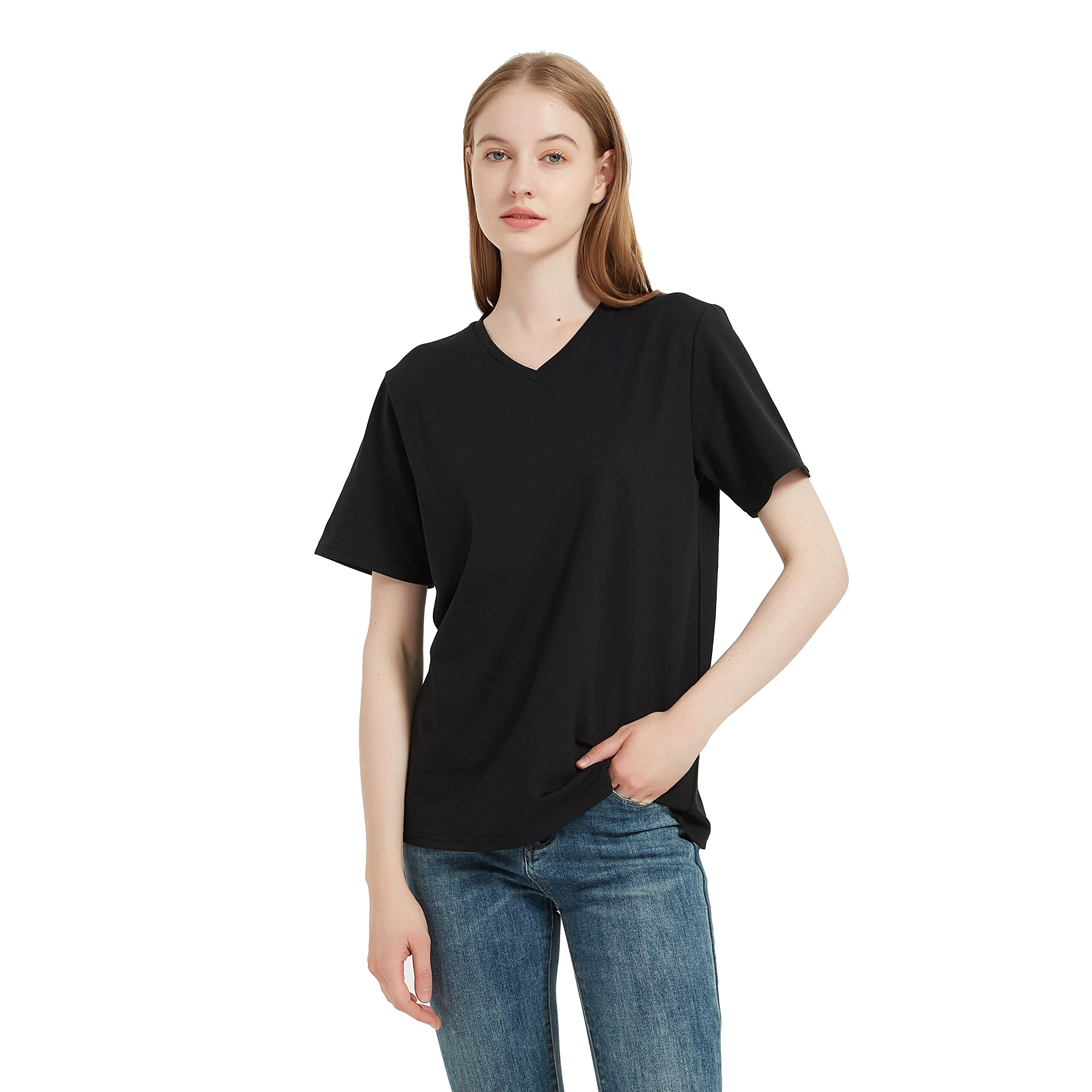 Women's Black Color Radia-Shield, Emf Shielding, Silver Fabric V Neck T-Shirt, Radiation Protection to 99.99% (as1, Alpha, x_l)