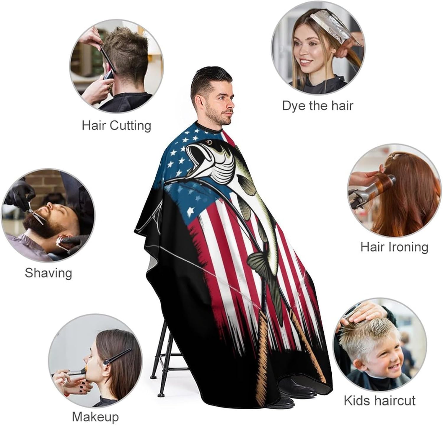 Men's Professional Hair Cutting Cape with Adjustable Closure Barber Cape Vintage Bass Fishing Lure American Flag