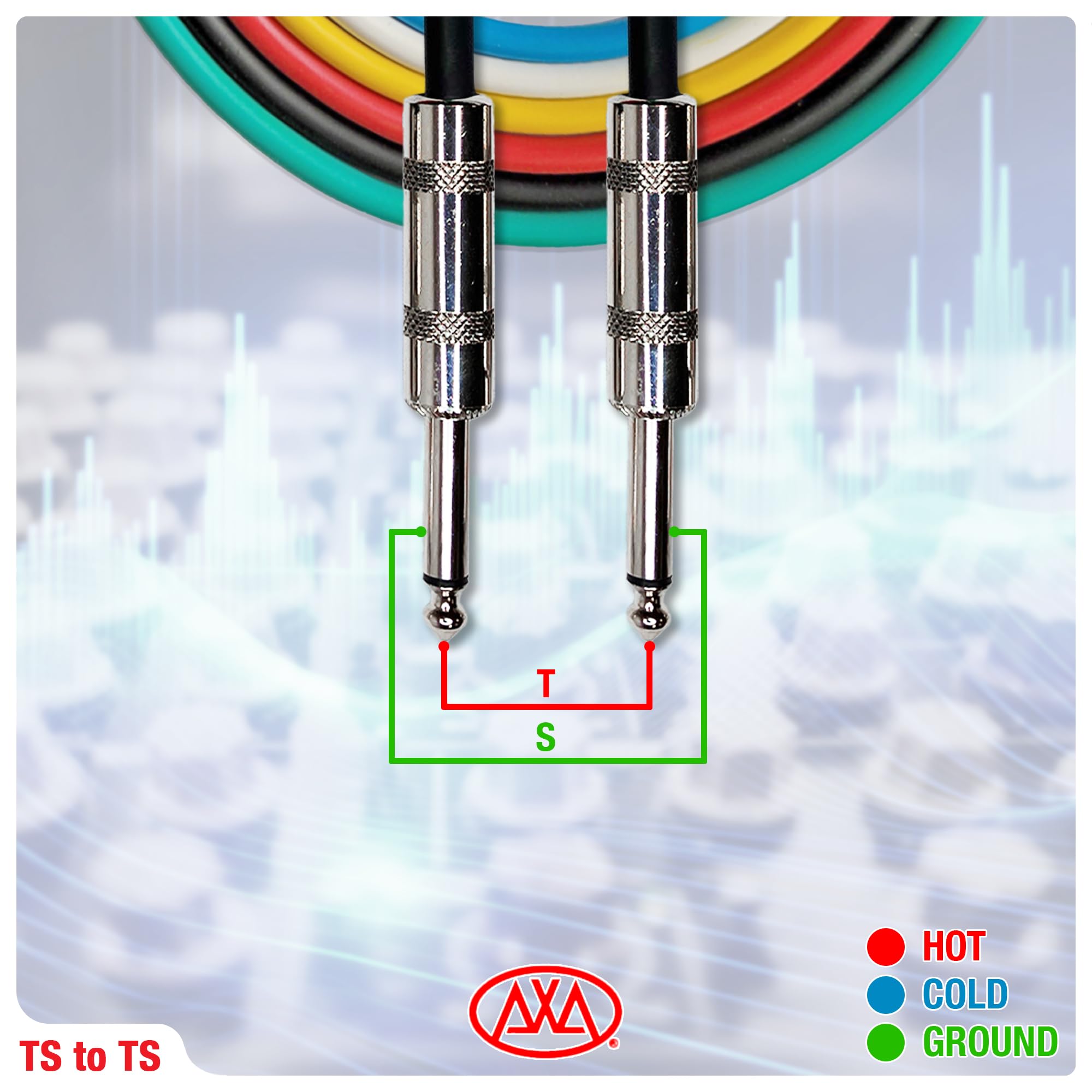 AxcessAbles Audio 1/4 Zoll TS Gitarren- und Bass-Verstärkerkabel, Metallstecker, hochwertiger OFC-Kupferdraht, TS 6,35 mm Gitarrenkabel, Stecker auf Stecker, 3 m, mehrfarbig, Mono-Instrumentenkabel (3