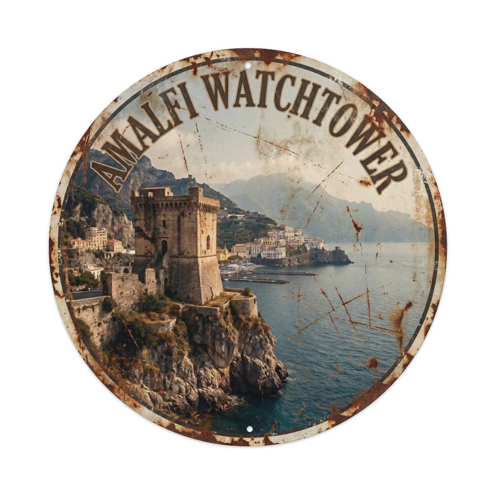 Vintage Travel Italian Coastal Watchtower Landmark Metal Tin Sign Plaque