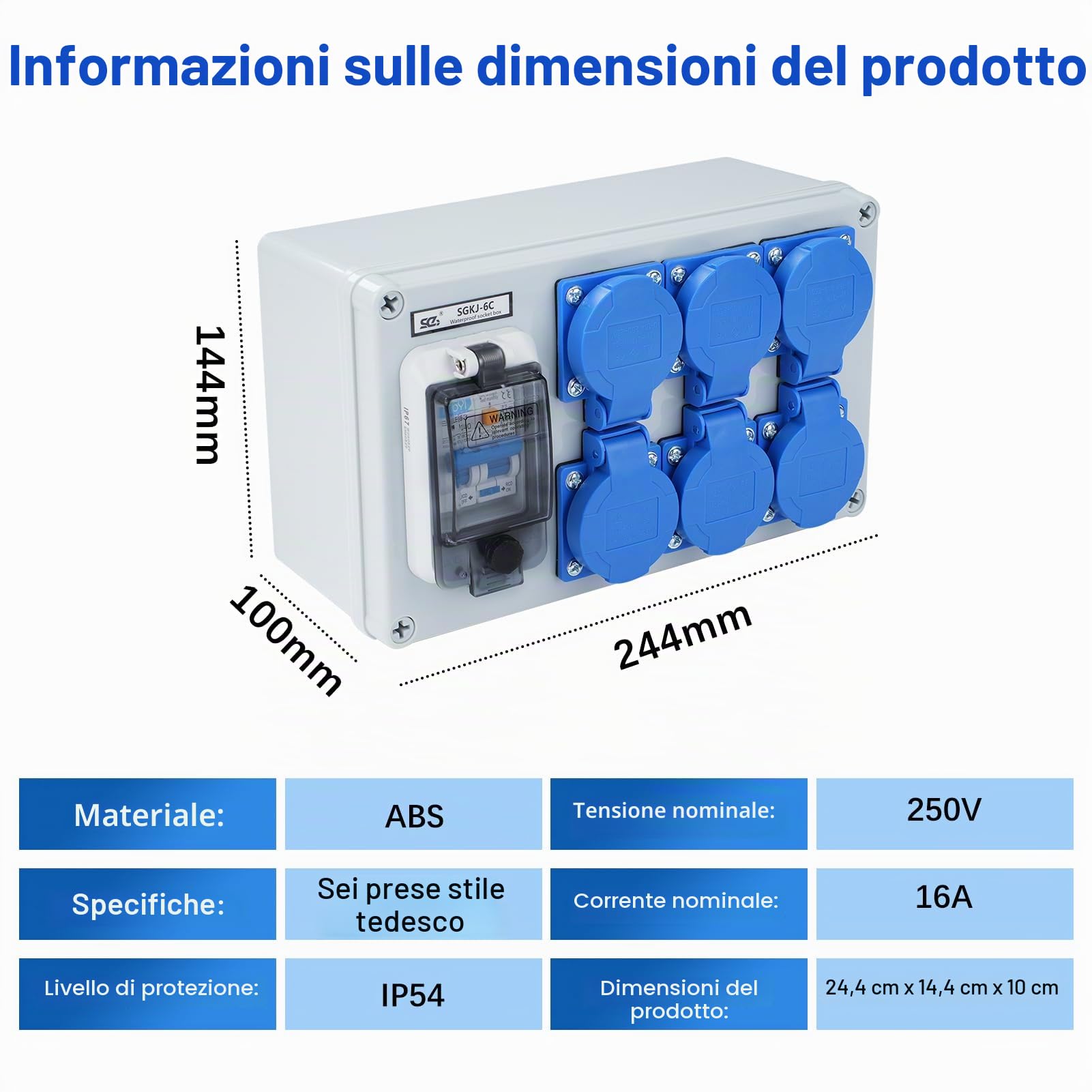 Distributore di corrente Buyweek con protezione dalle perdite RCD 50A 1P+N, scatola di distribuzione a parete con interruttore FI e prese Schuko, IP54 impermeabile(6-Way)
